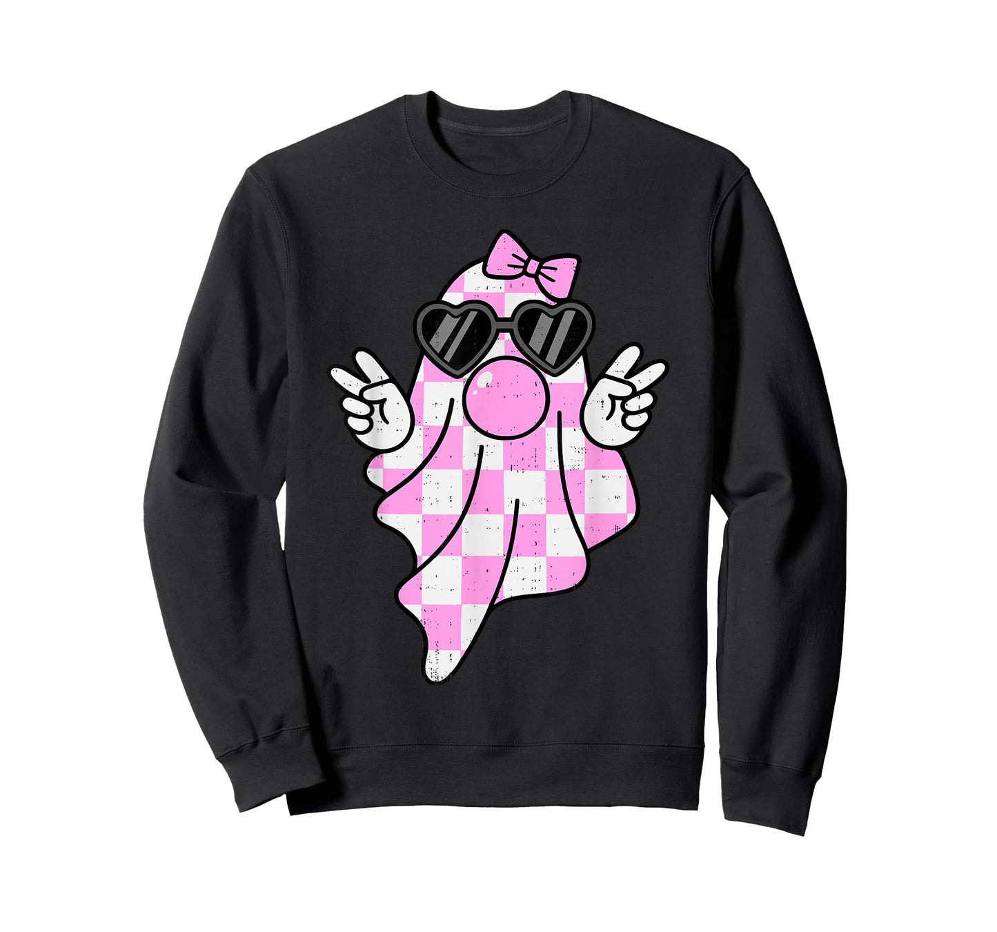 Cute Pink Plaid Ghost Bubblegum Peace Sign Halloween Girl T-Shirt