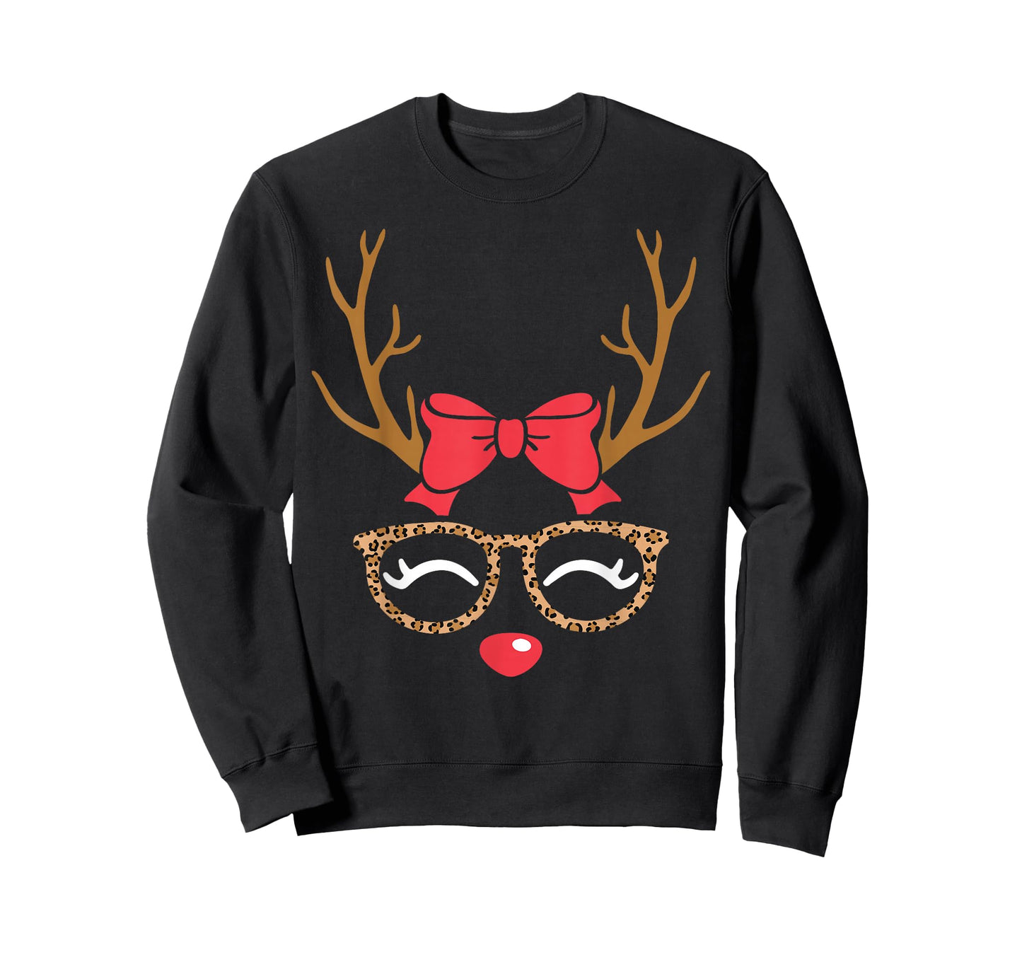 Reindeer Face Bow Leopard Glasses Christmas Womens Girls T-Shirt
