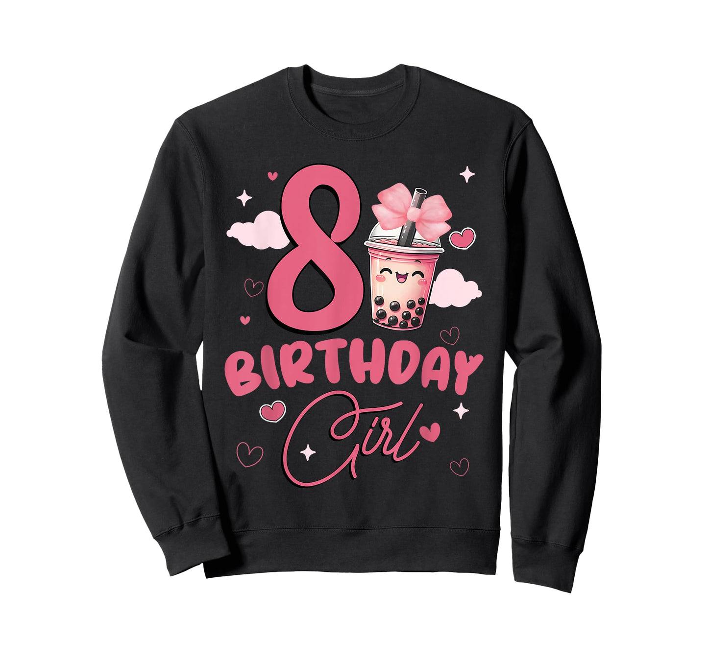 Happy 8th Birthday Girl Cute Pink Bow Bubble Boba Tea Anime T-Shirt