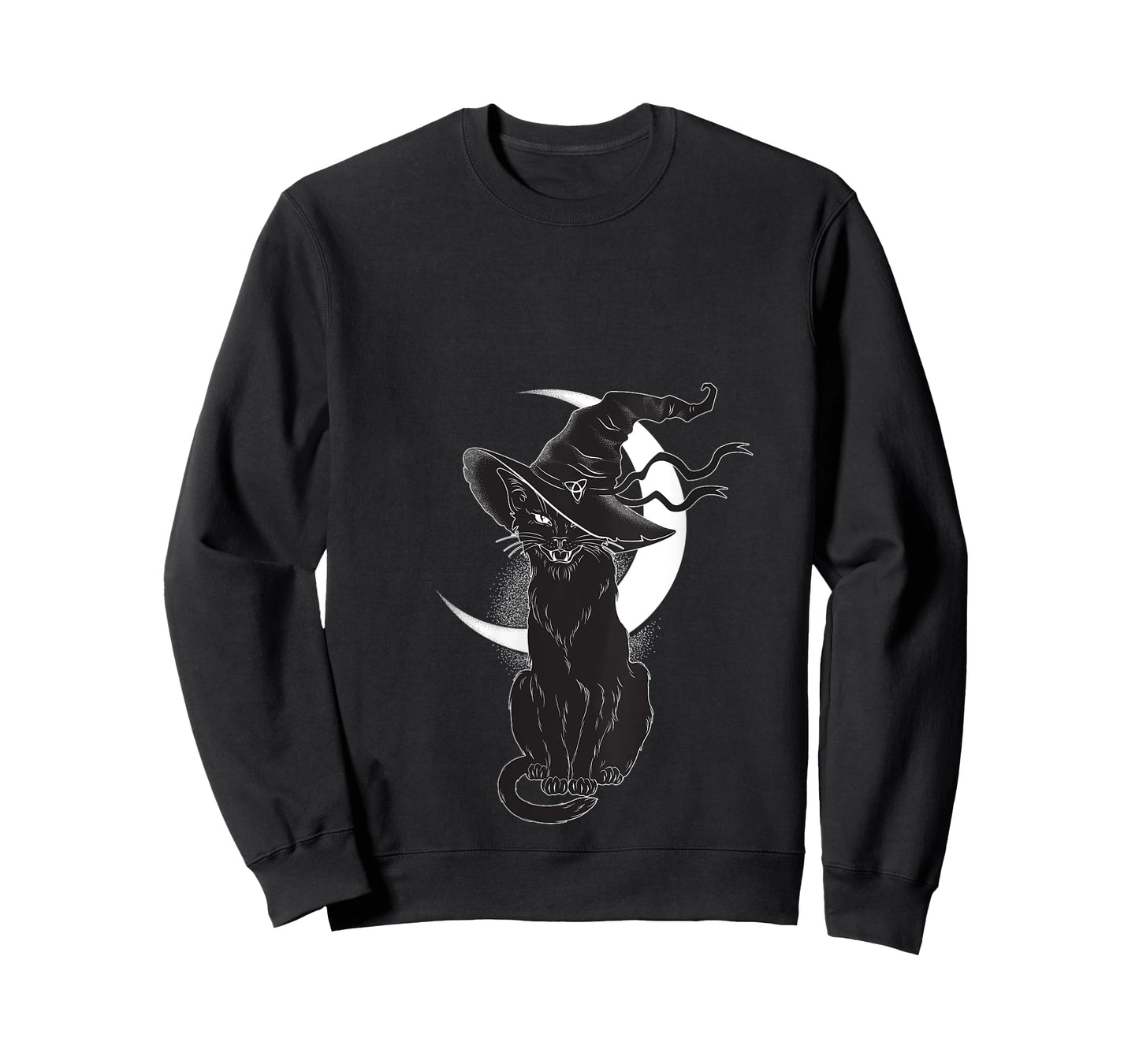 Womens Vintage Scary Halloween Black Cat Costume Witch Hat & Moon V-Neck T-Shirt