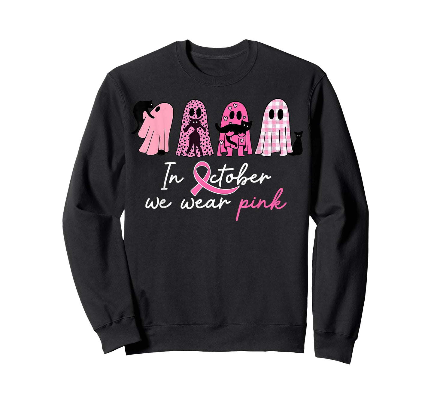 in October We Wear Pink Pumpkin Cat Breast Cancer Awareness T-Shirt