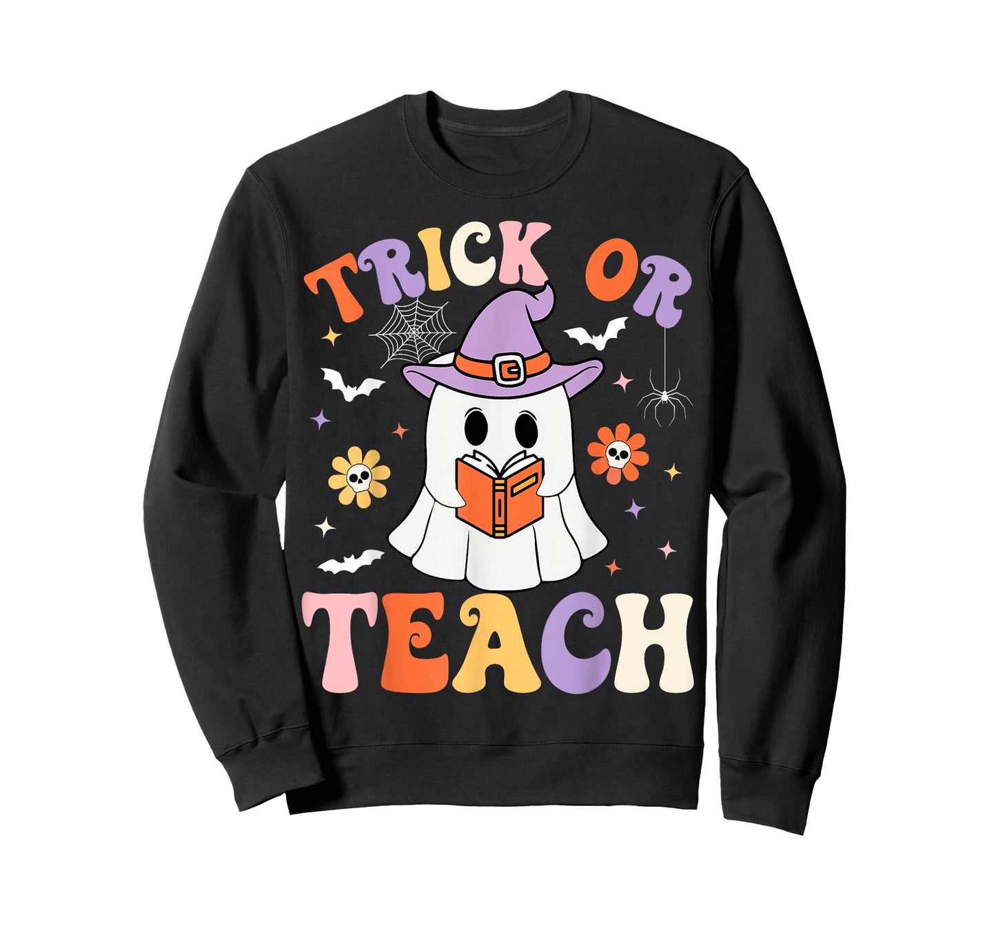 Trick Or Teach Teacher Groovy Ghost Funny Halloween Teacher T-Shirt