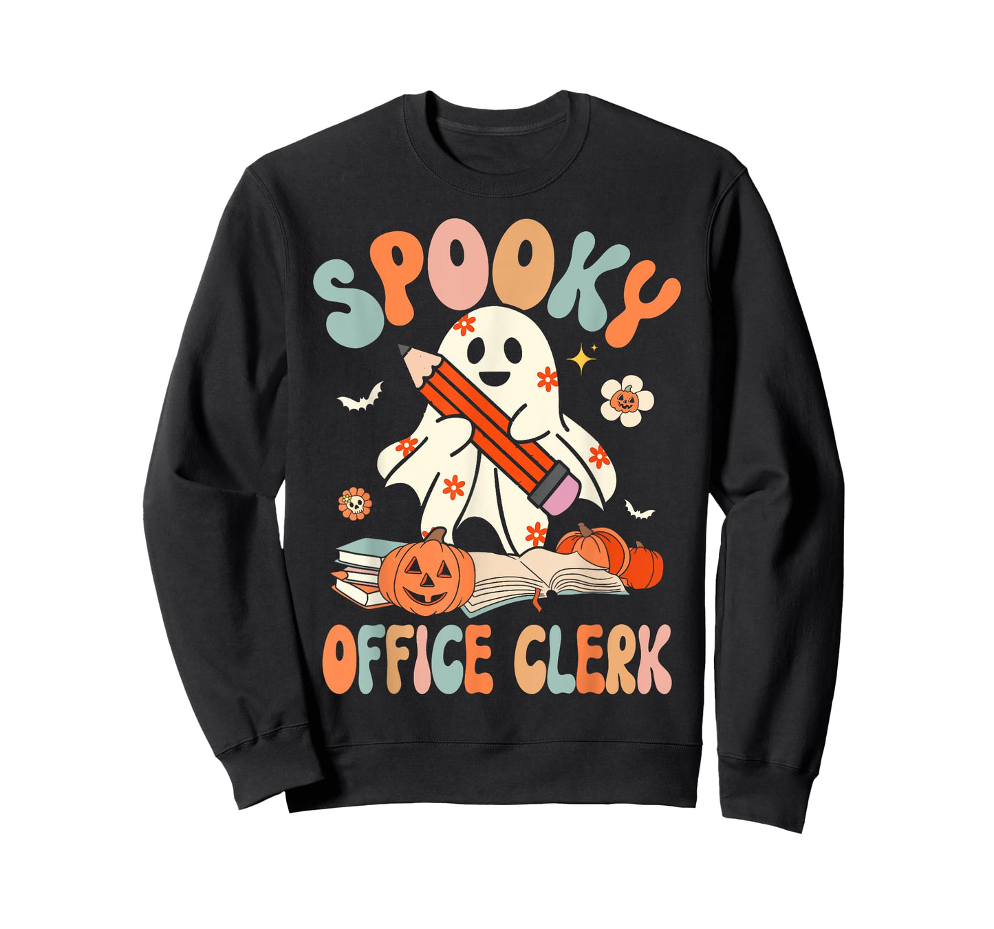 Groovy Halloween Spooky Office Clerk Retro Floral Ghost T-Shirt