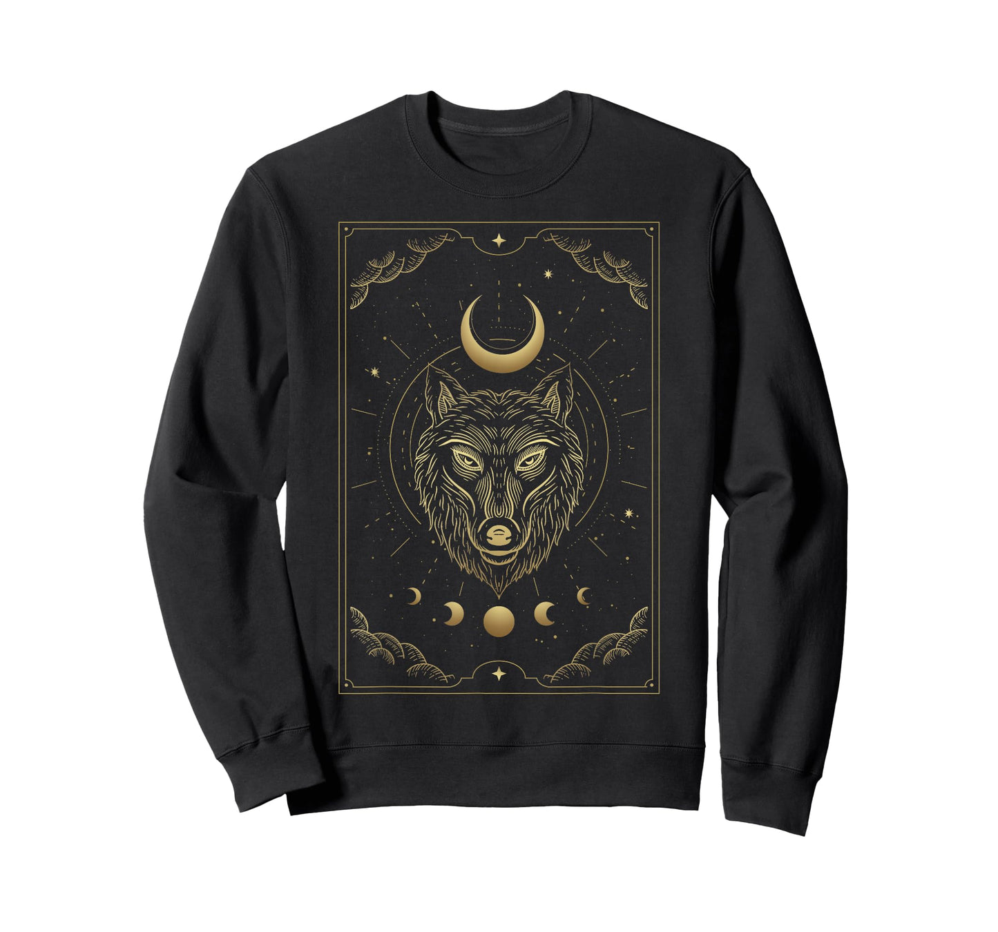 Wolf Head Crescent Moon Luxurious Celestial Engraving Style T-Shirt