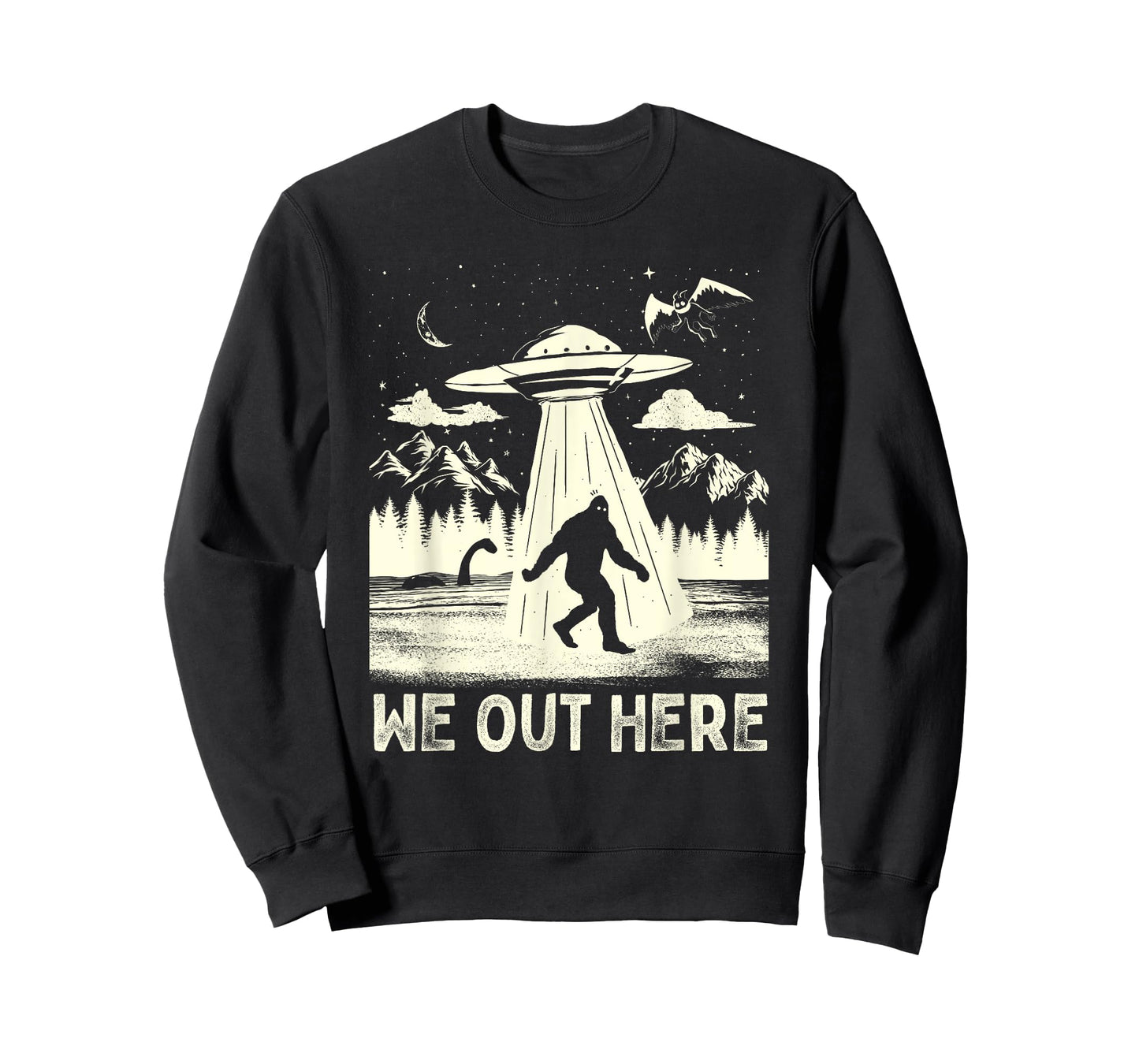 We Out Here Funny Bigfoot Mothman Cryptid UFO Abduction T-Shirt