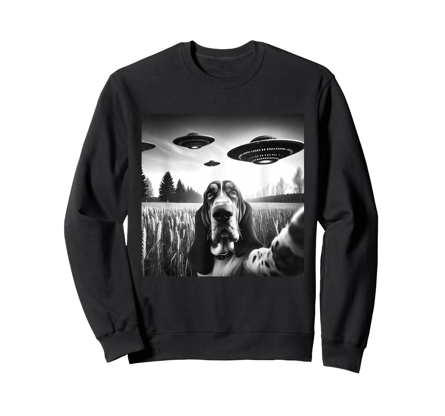 Basset Hound Funny Dog Graphic Selfie with UFOs Weird Aliens T-Shirt