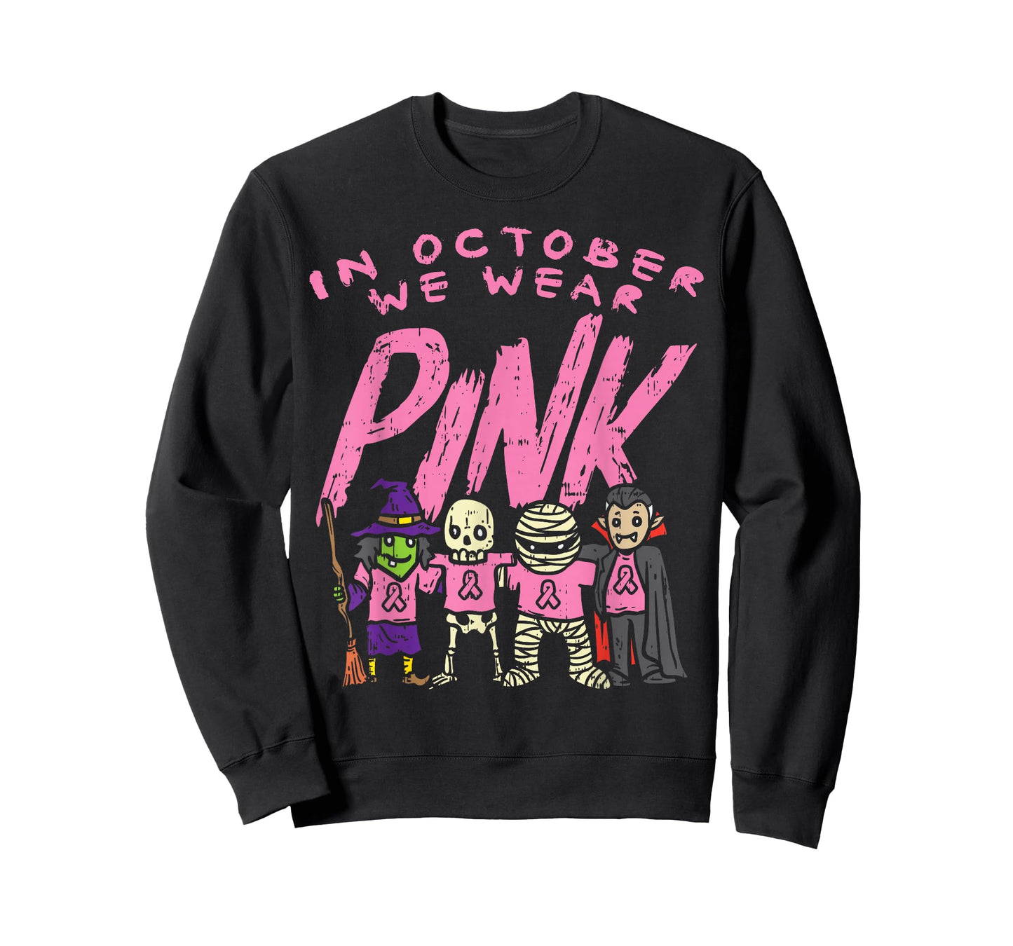 October We Wear Pink Witch Skeleton Halloween Breast Cancer T-Shirt