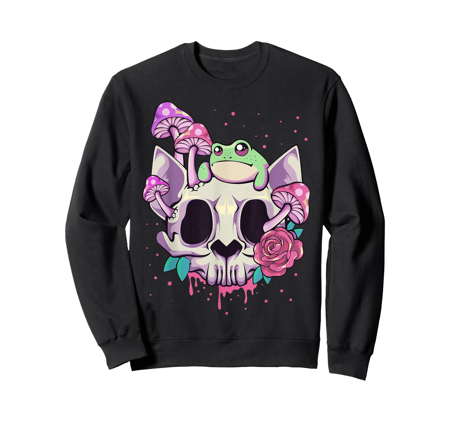 Pastel Goth Kawaii Frog On A Cat Skull with Mushroom T-Shirt