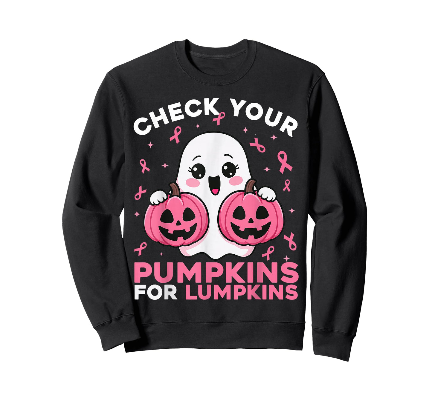 Check Your Pumpkins Ghost Breast Cancer Ribbon Halloween T-Shirt