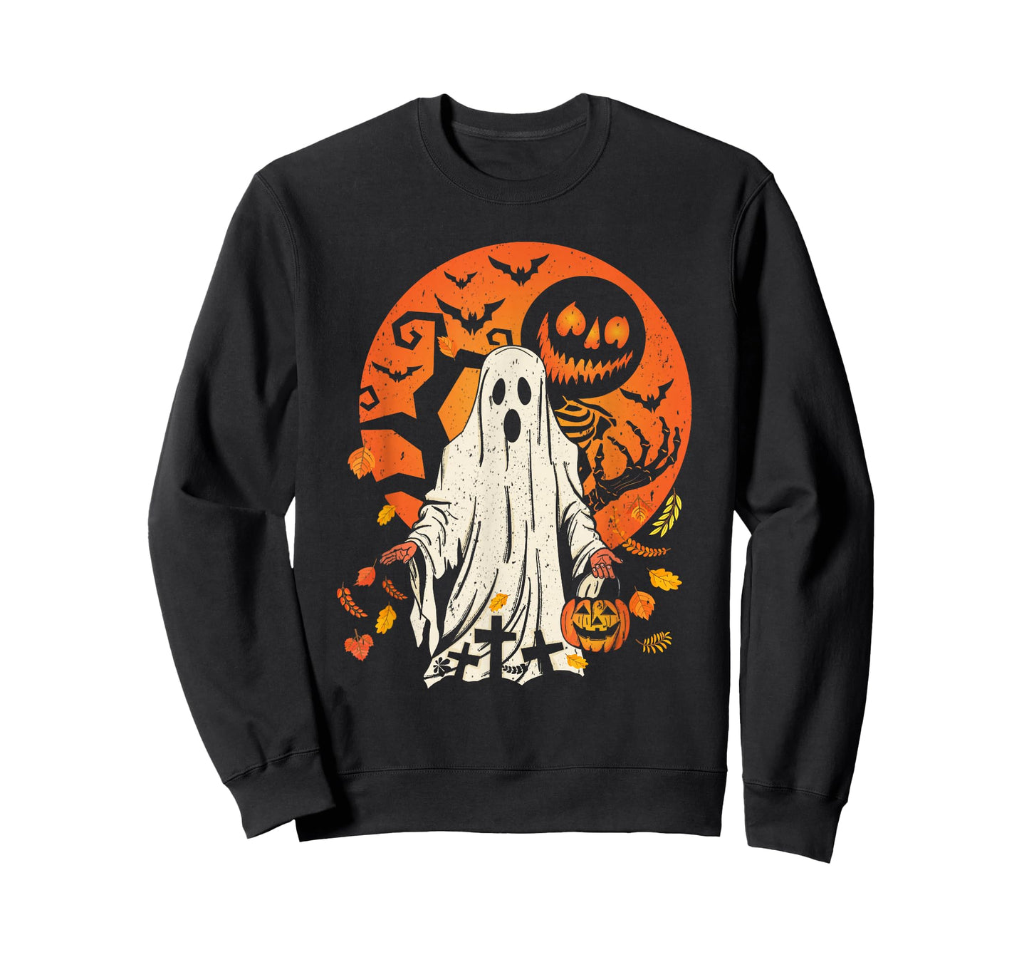 Cute Pumpkin Ghost And Autumn Leaves Halloween Graphic Tee T-Shirt