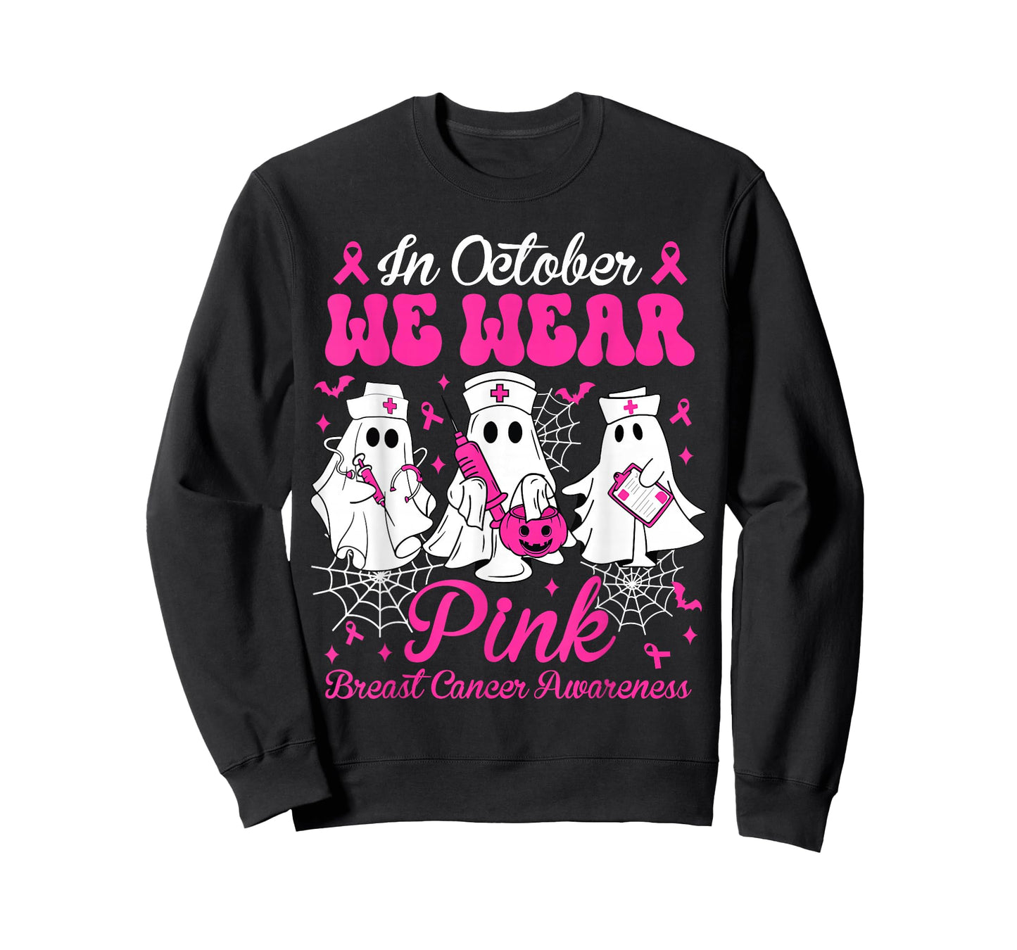 In October We Wear Pink Nurse Ghost Halloween Breast Cancer T-Shirt