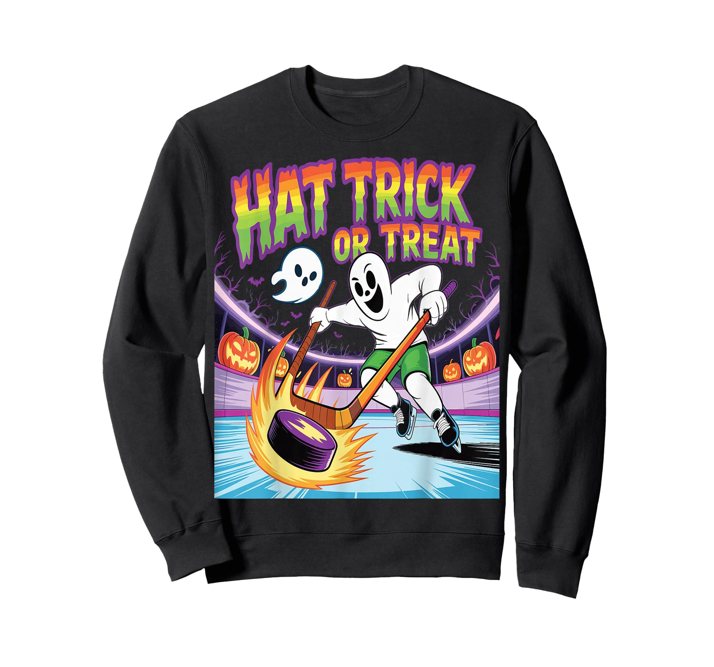 Hat Trick Or Treat Funny Ice Hockey Ghost Halloween T-Shirt