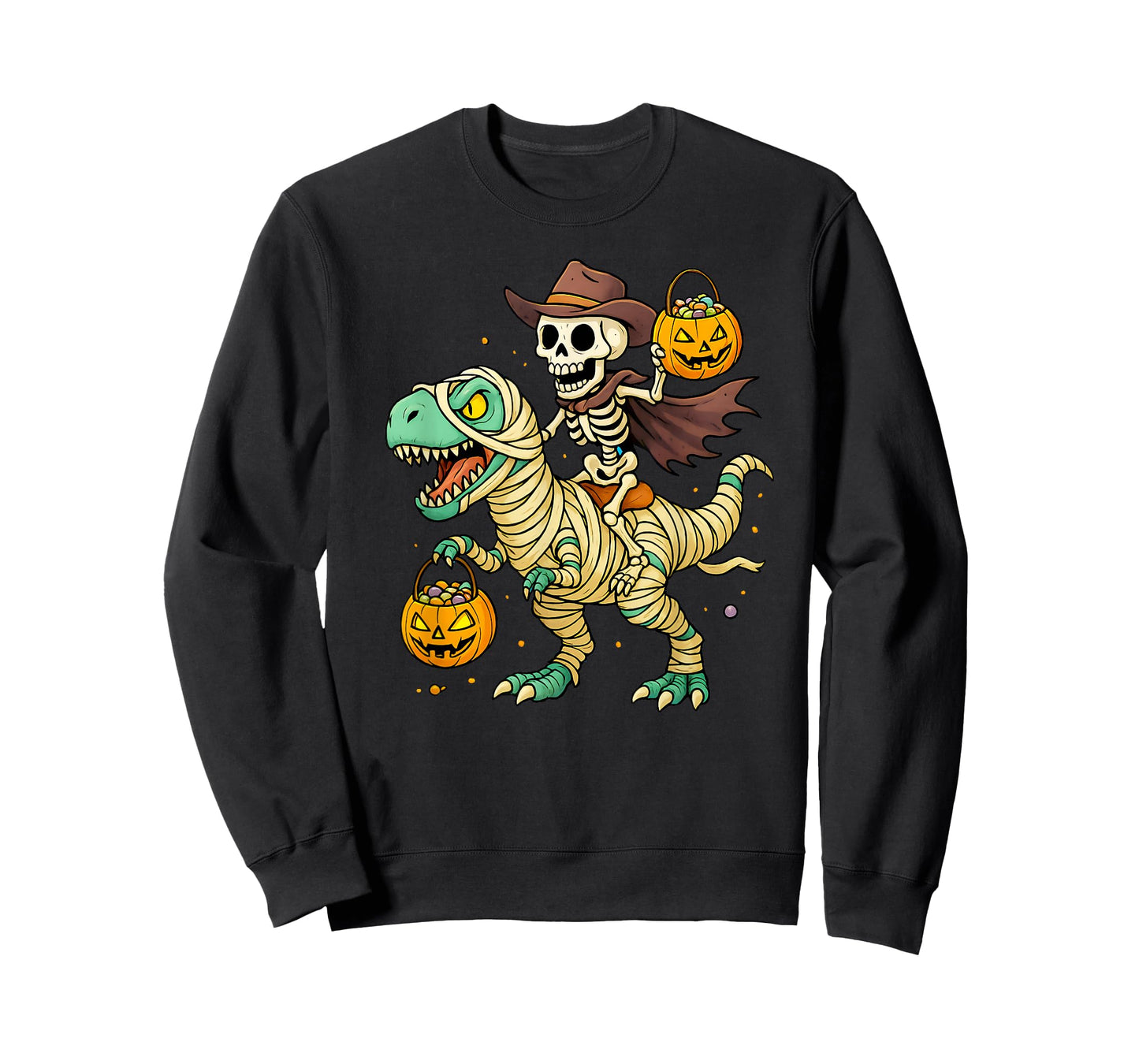 Skeleton Riding Mummy Dinosaur T Rex Kids Boys Men Halloween T-Shirt