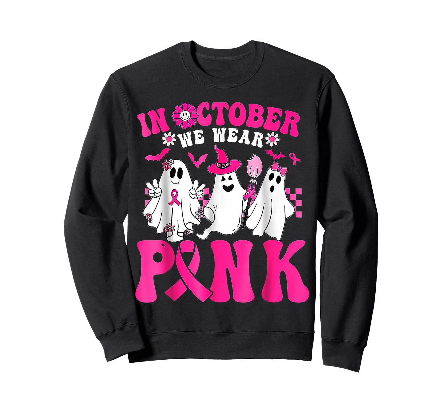 Wear Pink Breast Cancer Warrior Ghost Halloween Groovy T-Shirt