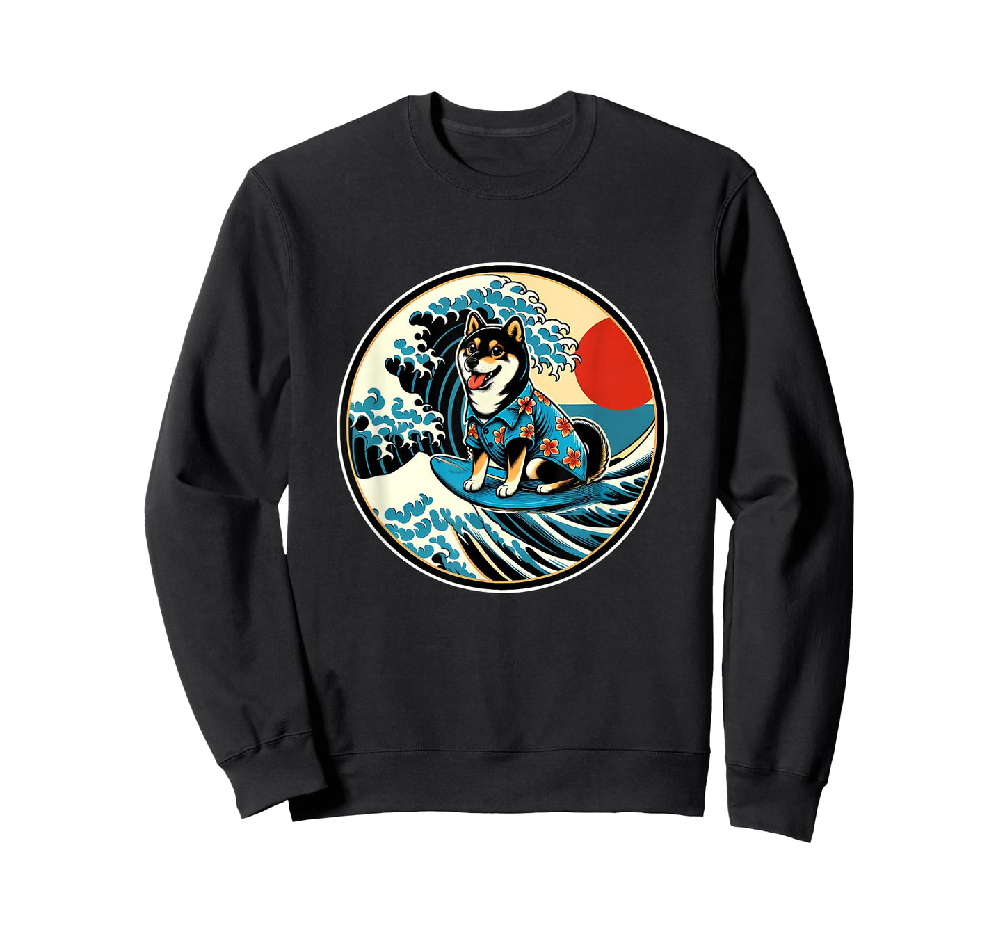 Great Wave Kanagawa Black and tan Shiba Inu Surfing T-Shirt
