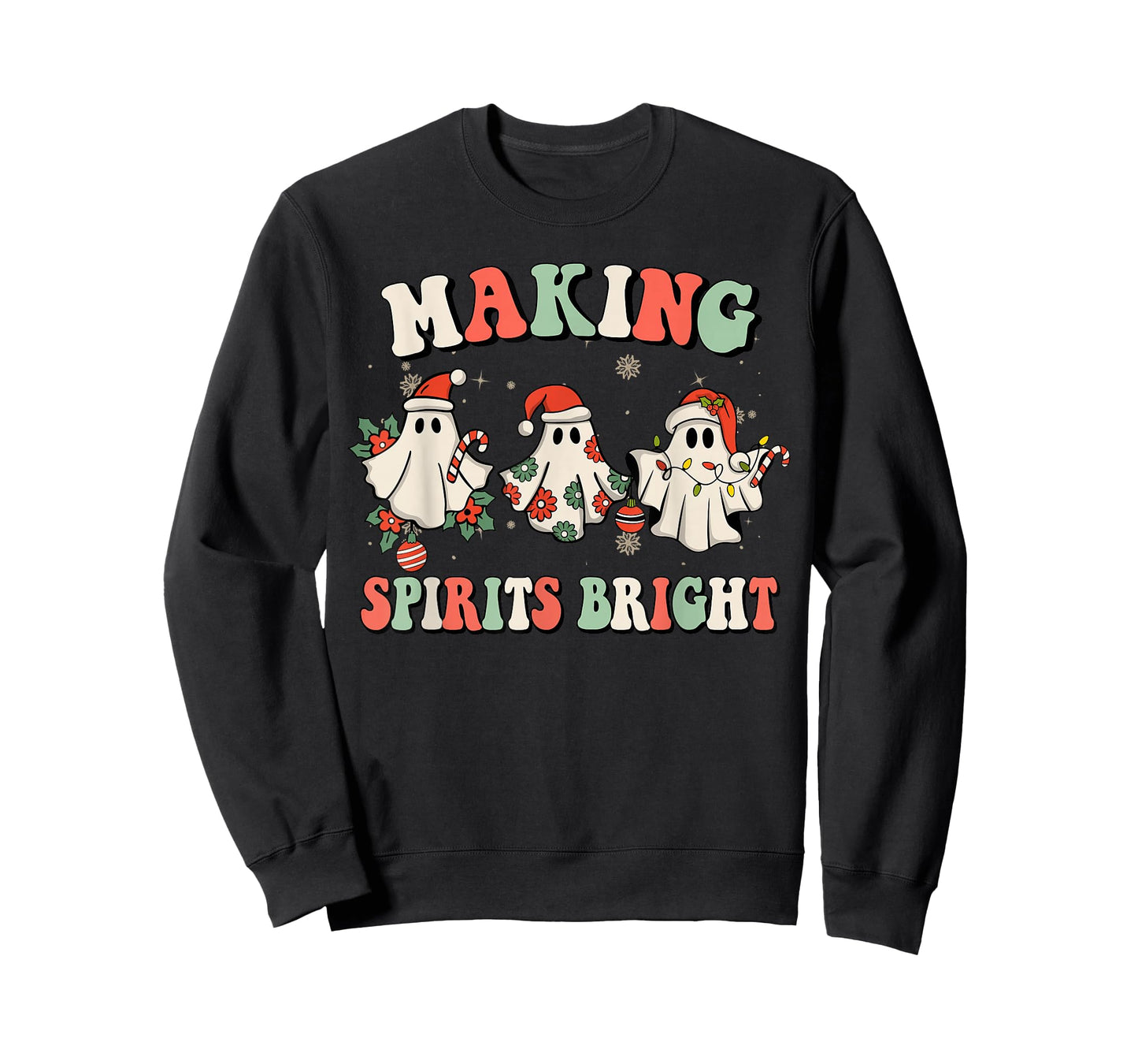Retro Groovy Christmas Ghost Making Spirits Bright Pajamas T-Shirt