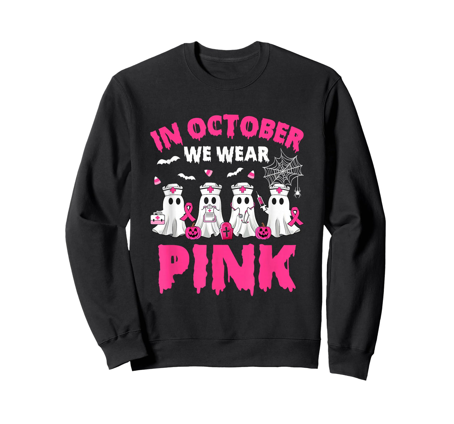 In October We Wear Pink Nurse Ghost Halloween Breast Cancer T-Shirt