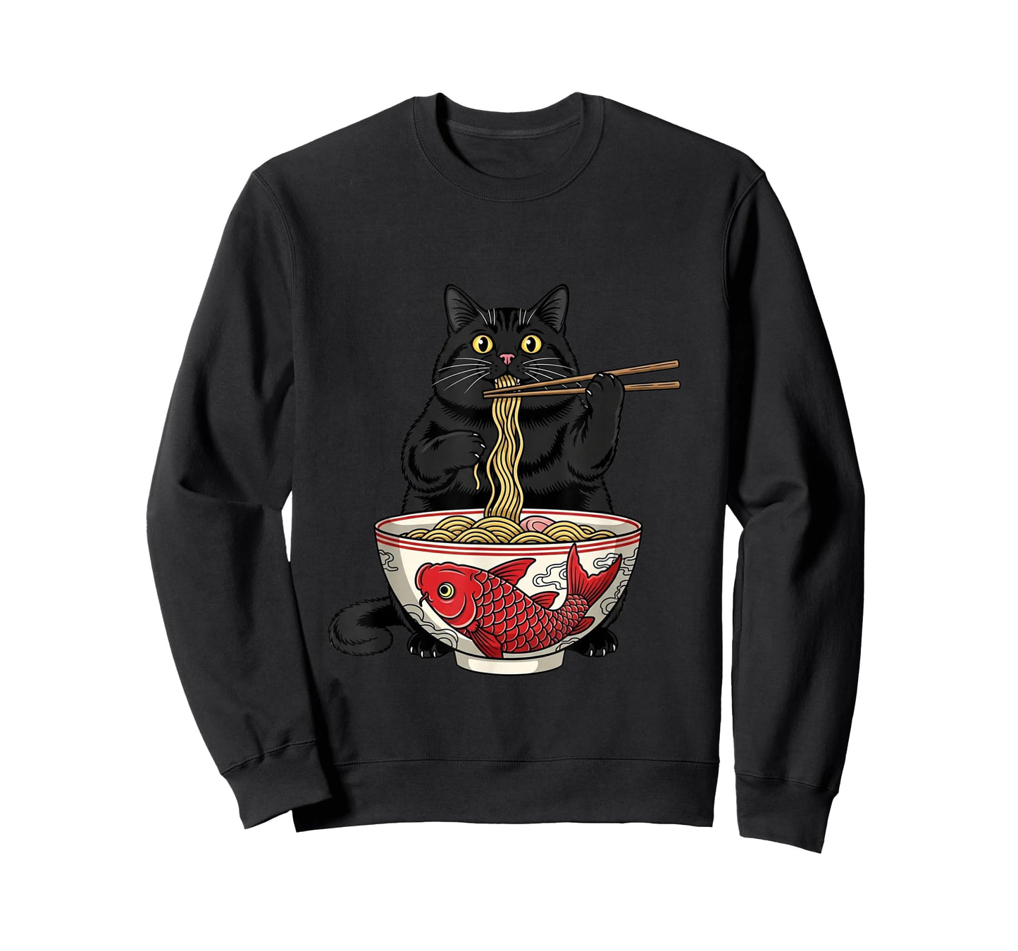 Funny Black Fat Cat Eating Ramen Noodles Anime T-Shirt