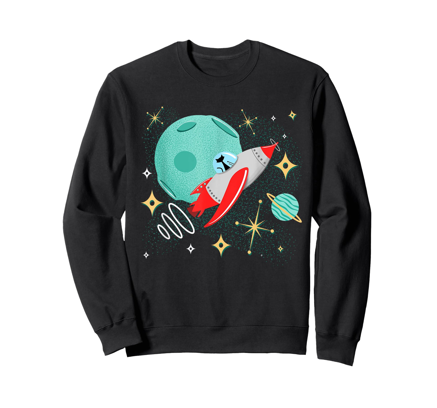 Atomic Rocket Cat Funny Mid-Century Cat Futuristic Spaceship T-Shirt