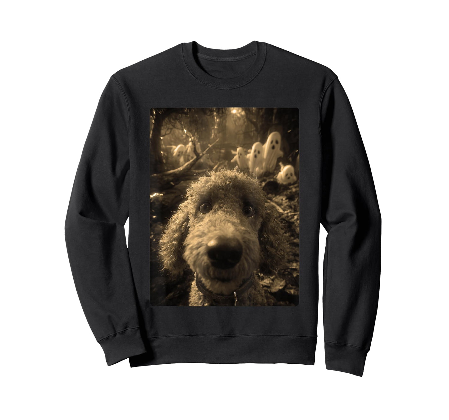 Vintage Poodle Selfie Ghosts Haunted Forest Halloween Dog T-Shirt