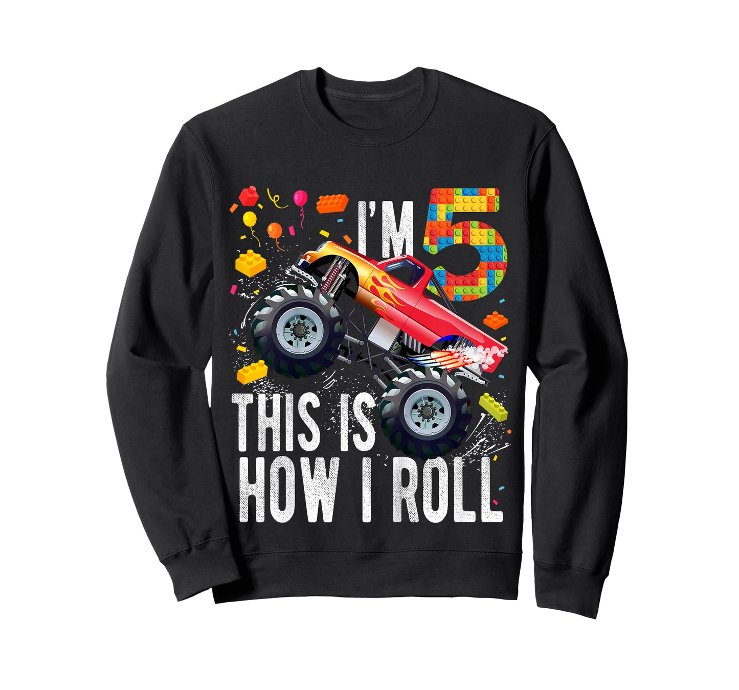 Kids 5 Year Old Building Blocks Monster Truck 5th Birthday Boy T-Shirt