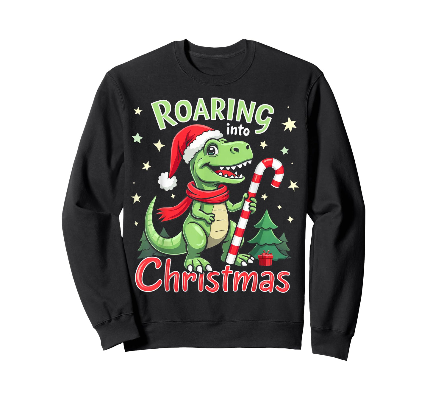 Roaring into Christmas T-Rex Santa Hat & Candy Cane Holiday T-Shirt