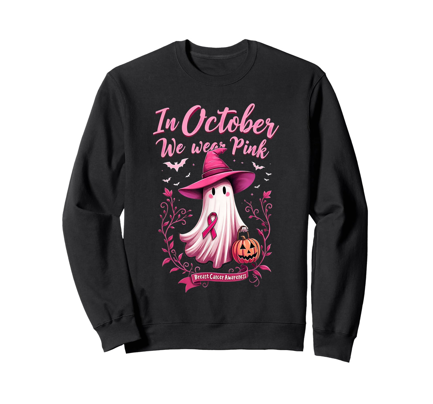 Cute We Wear Pink Ghost Witch Hat Breast Cancer Awareness T-Shirt