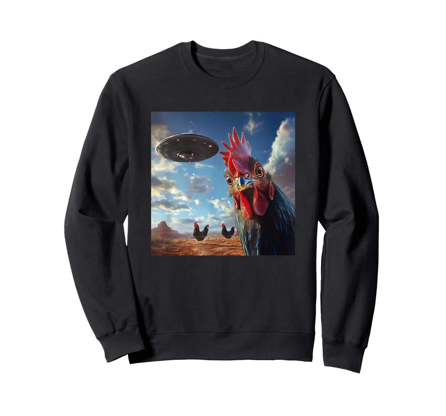 Chicken Hum Selfie with UFOs Weird Print Graphic Space Funny T-Shirt
