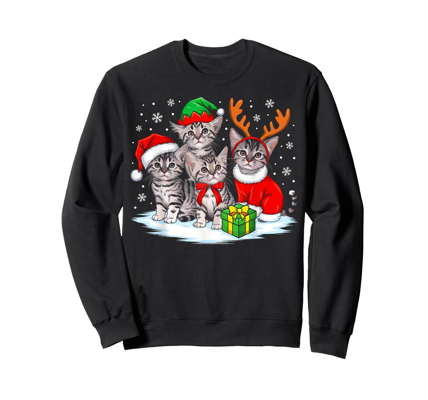 Cat Christmas Lights Reindeer Santa Hat Christmas Cat Lover T-Shirt for Men Women Kids