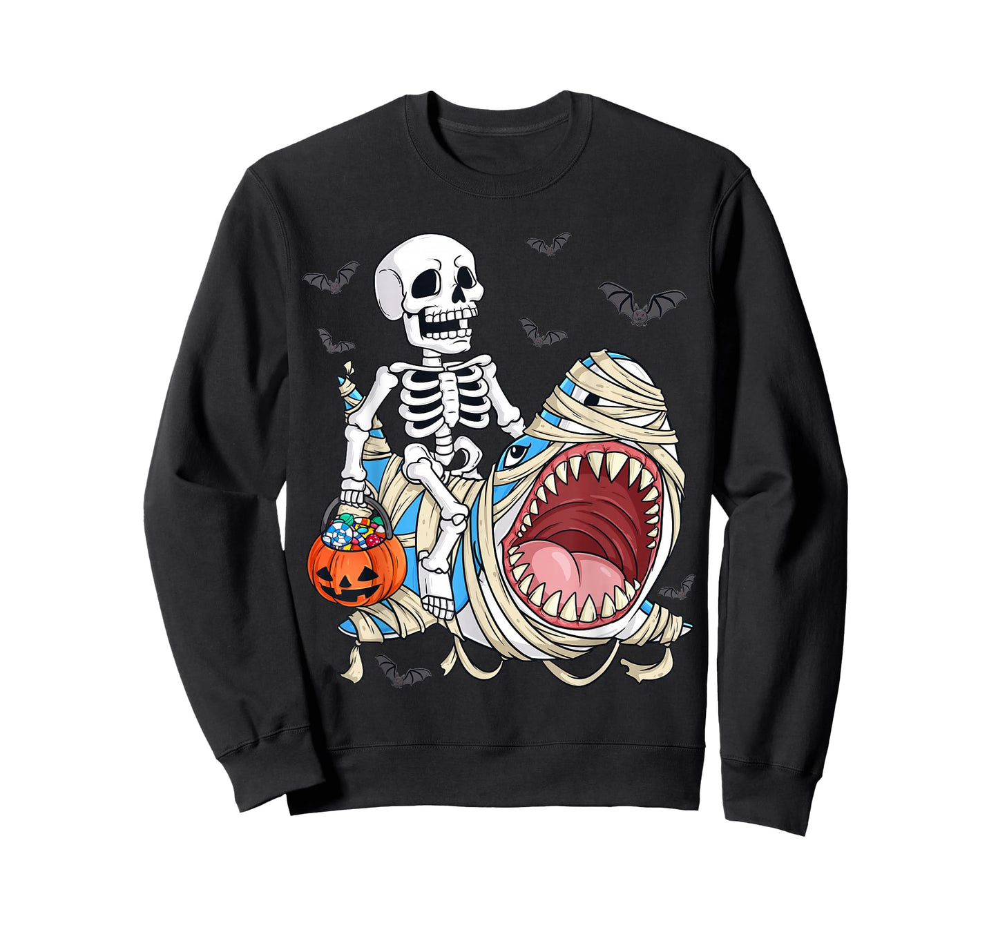 Skeleton Riding Mummy Shark Funny Halloween Pumpkin Kids T-Shirt