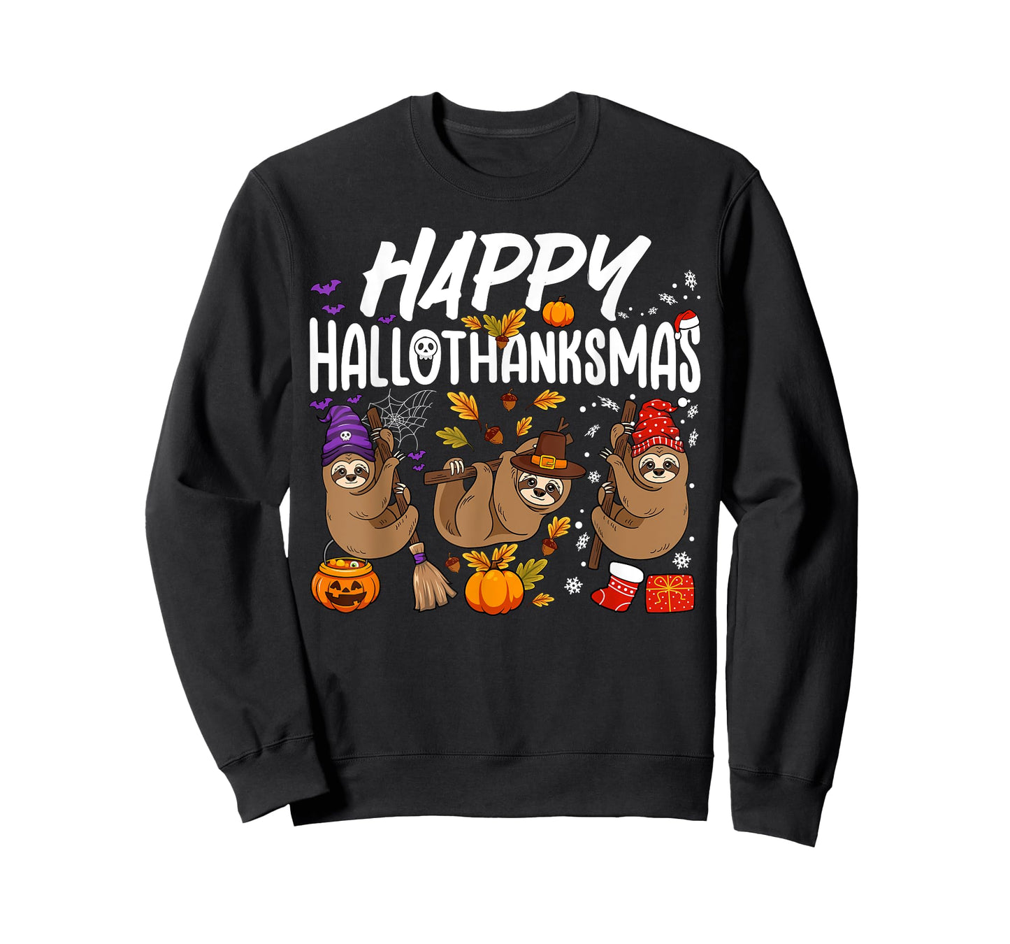 Happy HalloThanksMas Halloween Thanksgiving Christmas Sloth T-Shirt