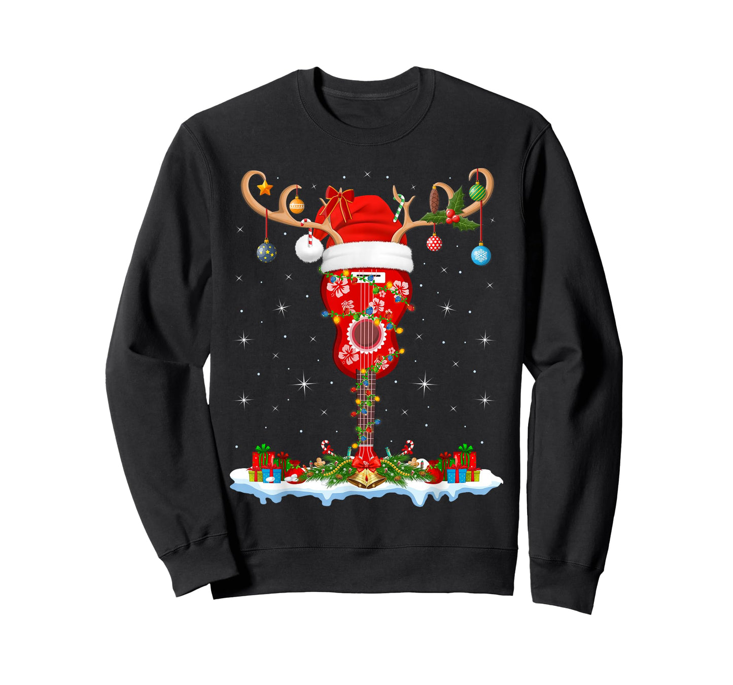 Ukulele Guitar Christmas Reindeer Santa Hat Hawaiian Xmas T-Shirt