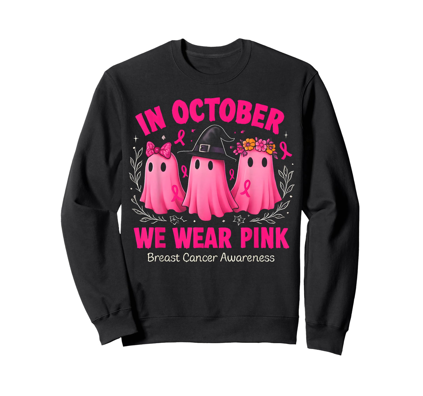in October We Wear Pink Ghost Halloween Women Breast Cancer T-Shirt