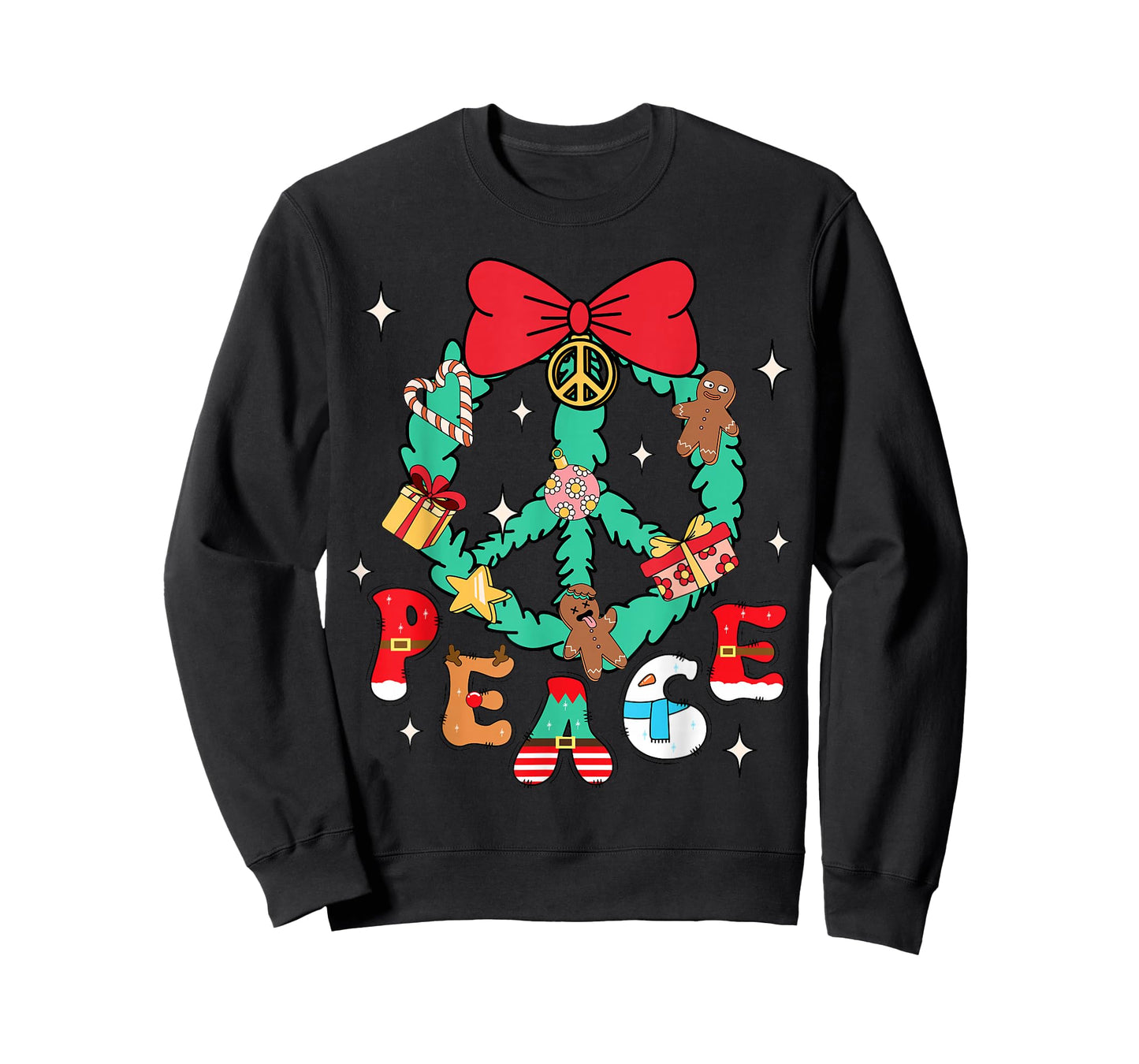 Christmas Peace Wreath Candy Canes Bows Gingerbread Reindeer T-Shirt