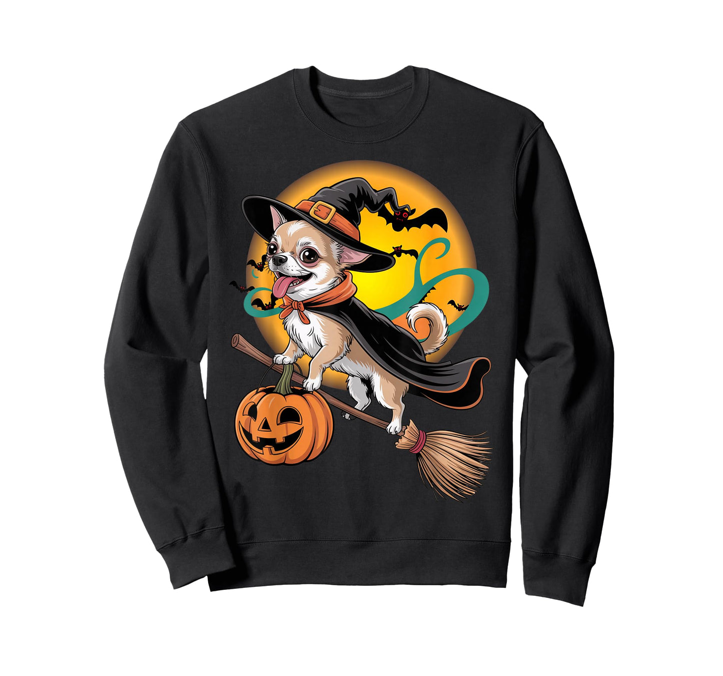 Funny Chihuahua Dog Witch On Broomstick Pumpkin Halloween T-Shirt