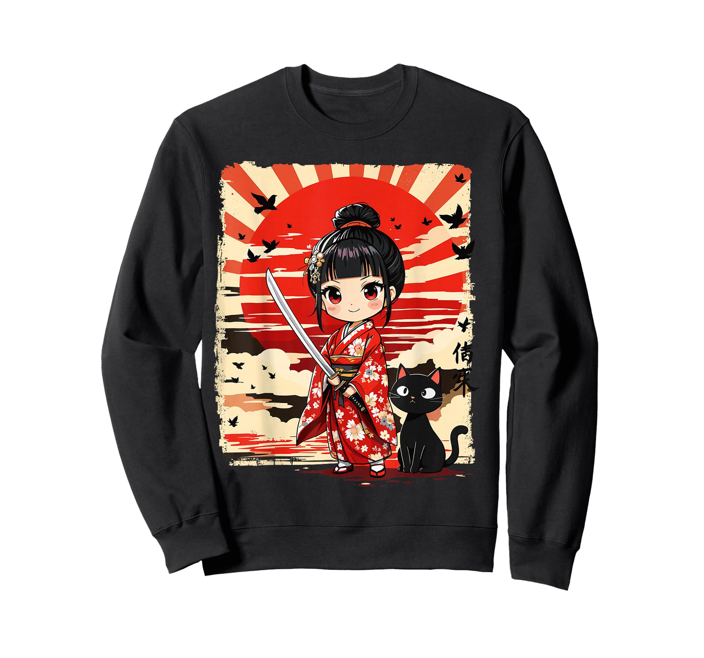 Cute Kawaii Samurai Girl and Cat Japanese Anime Kids Girls T-Shirt