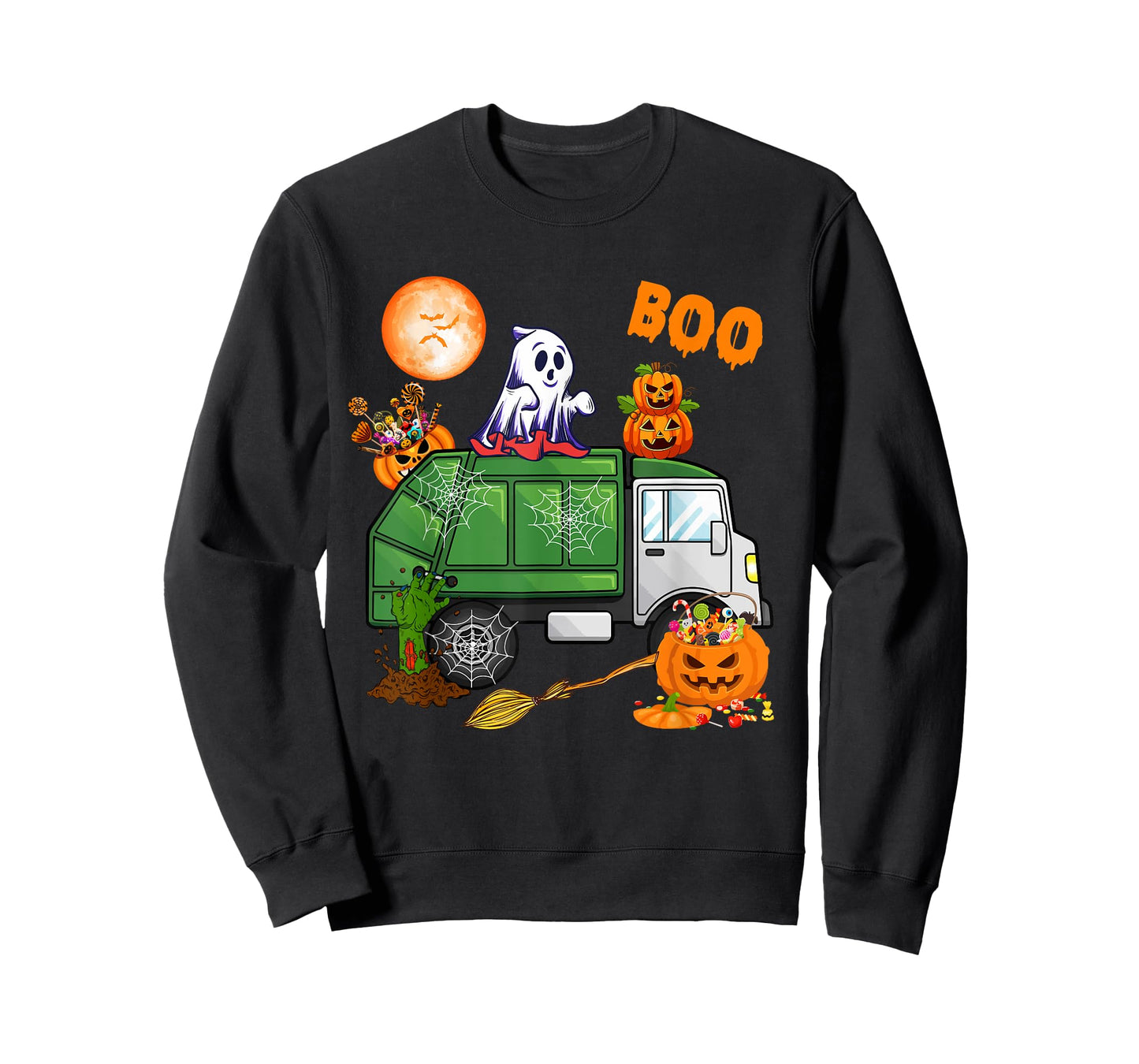 Ghost Driving Garbage Truck With Candy Bag Carved Pumpkin T-Shirt