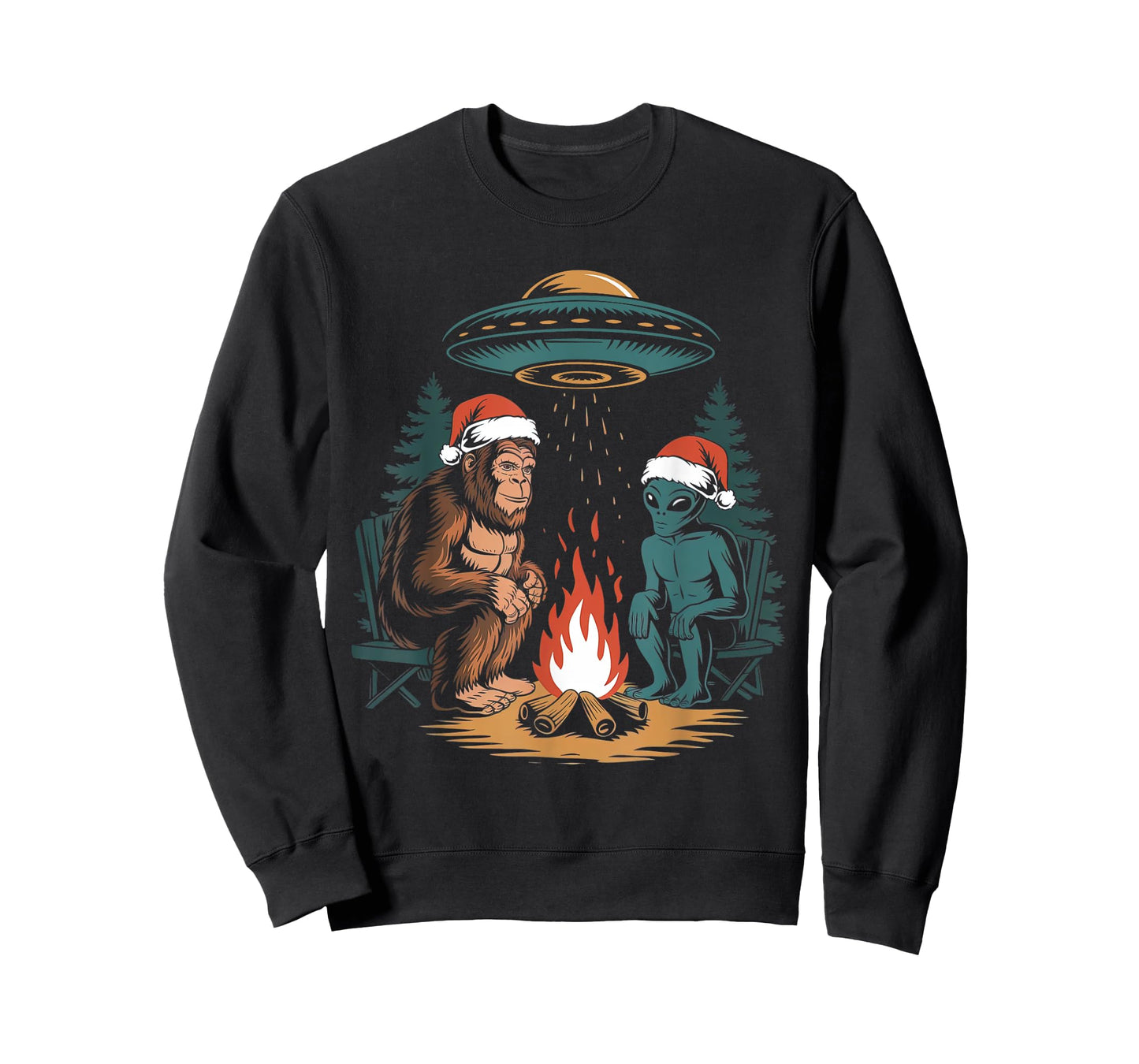 Funny Bigfoot Alien UFO Santa Hat Campfire Outdoor Christmas T-Shirt