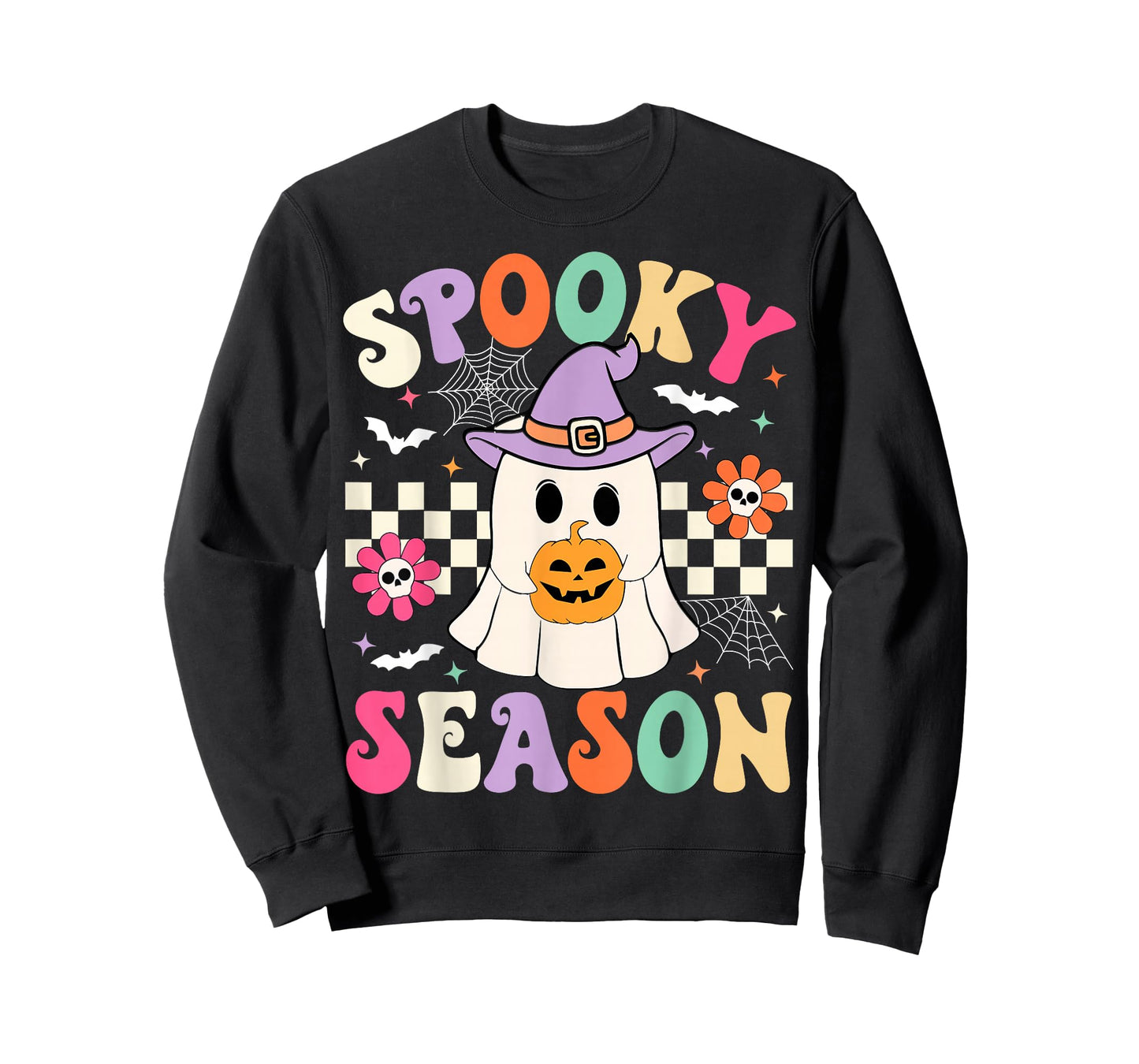 Groovy Spooky Season Retro Ghost Holding Pumpkin Halloween T-Shirt