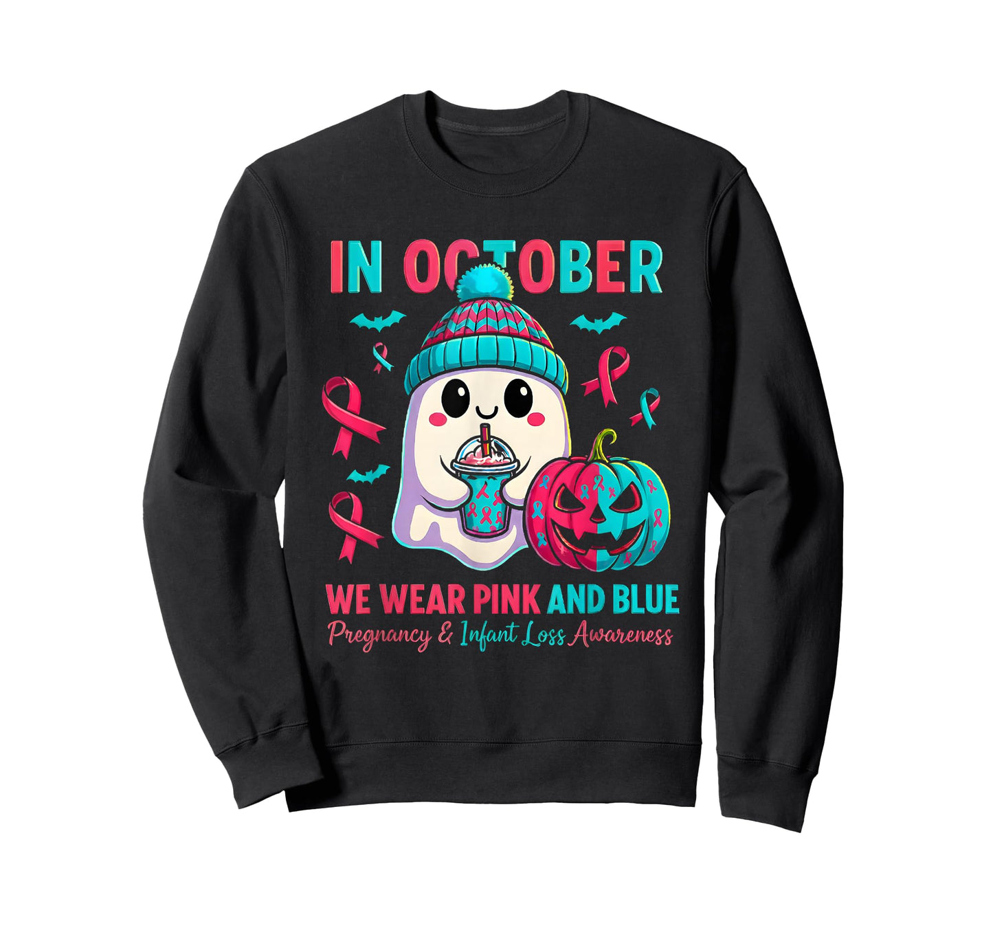 in October We Wear Pink and Blue Ghost Infant Loss Awareness T-Shirt