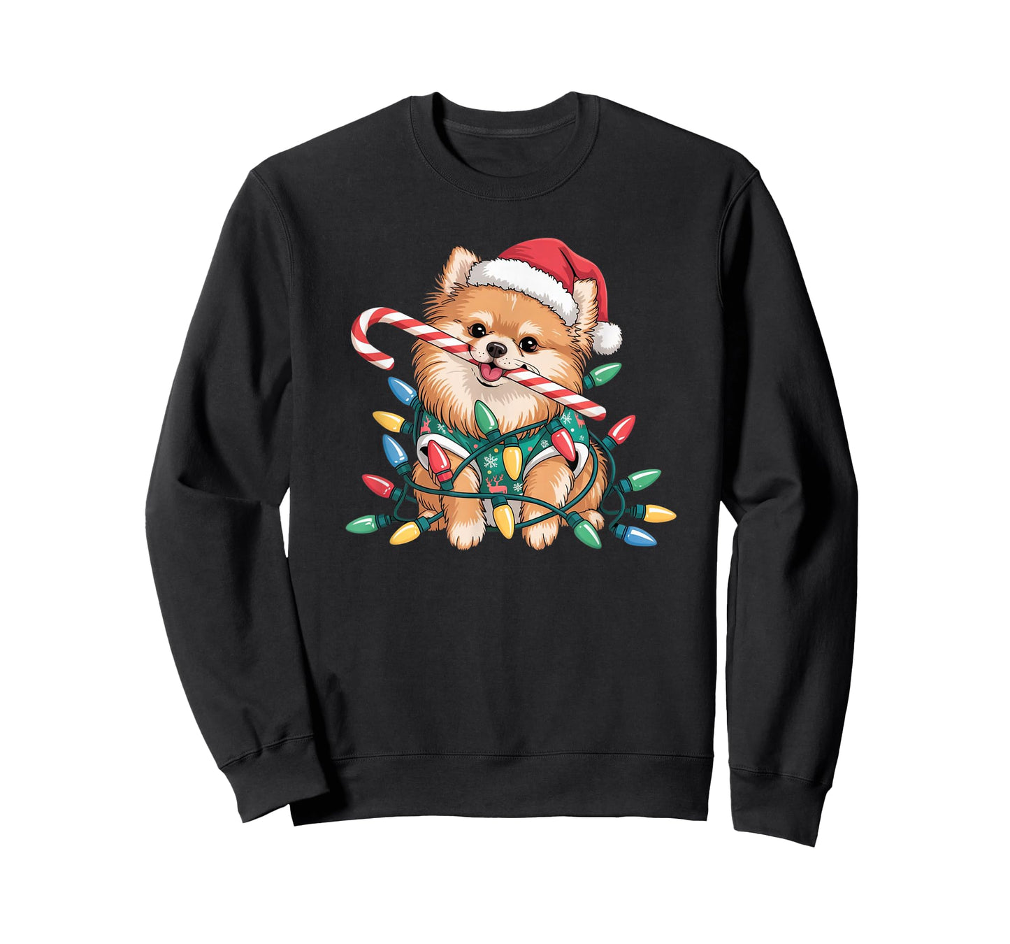 Cute Pomeranian Christmas Puppy Lights Santa Hat Candy Cane T-Shirt