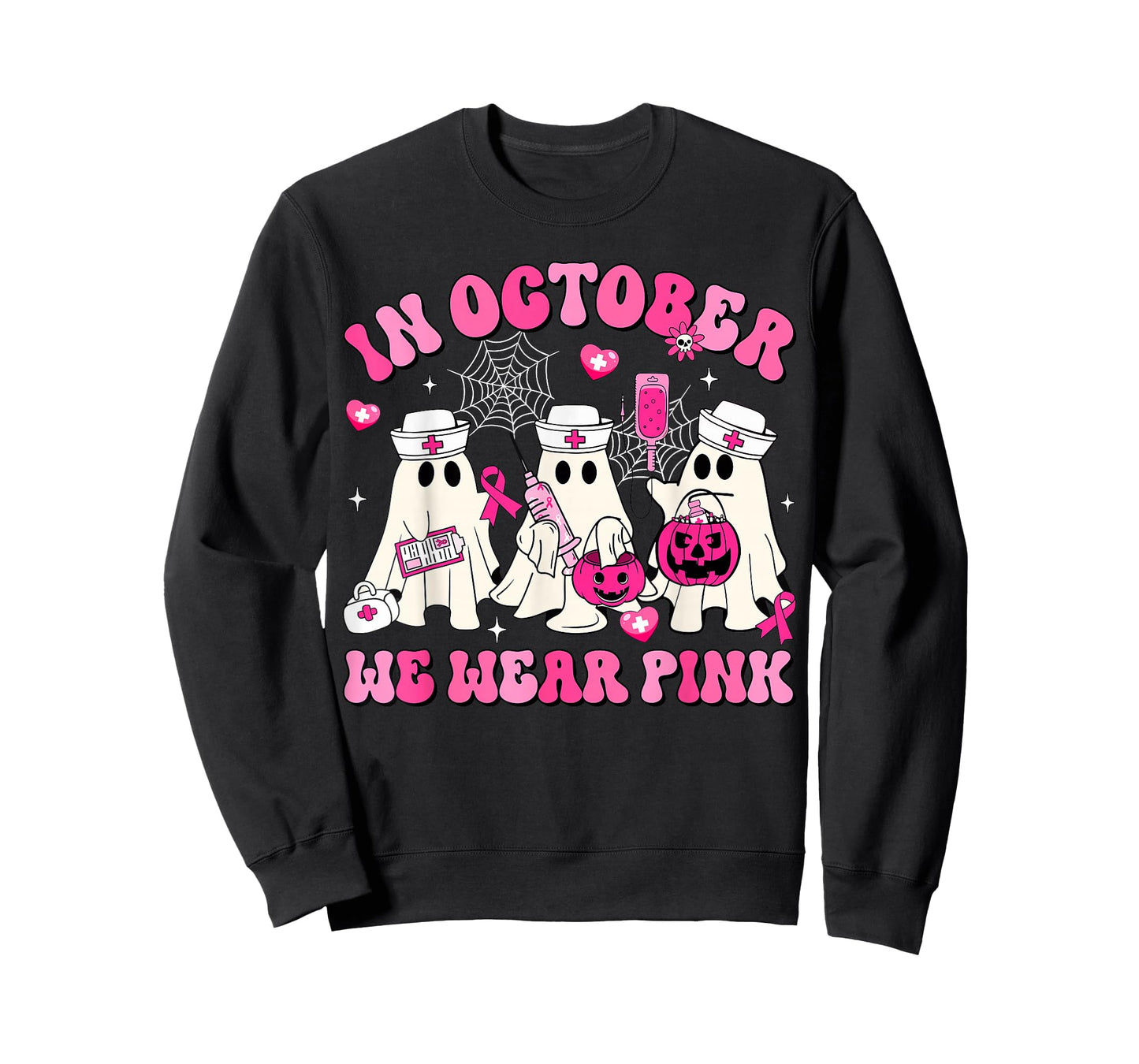 October We Wear Pink Nurse Ghost Halloween Breast Cancer T-Shirt