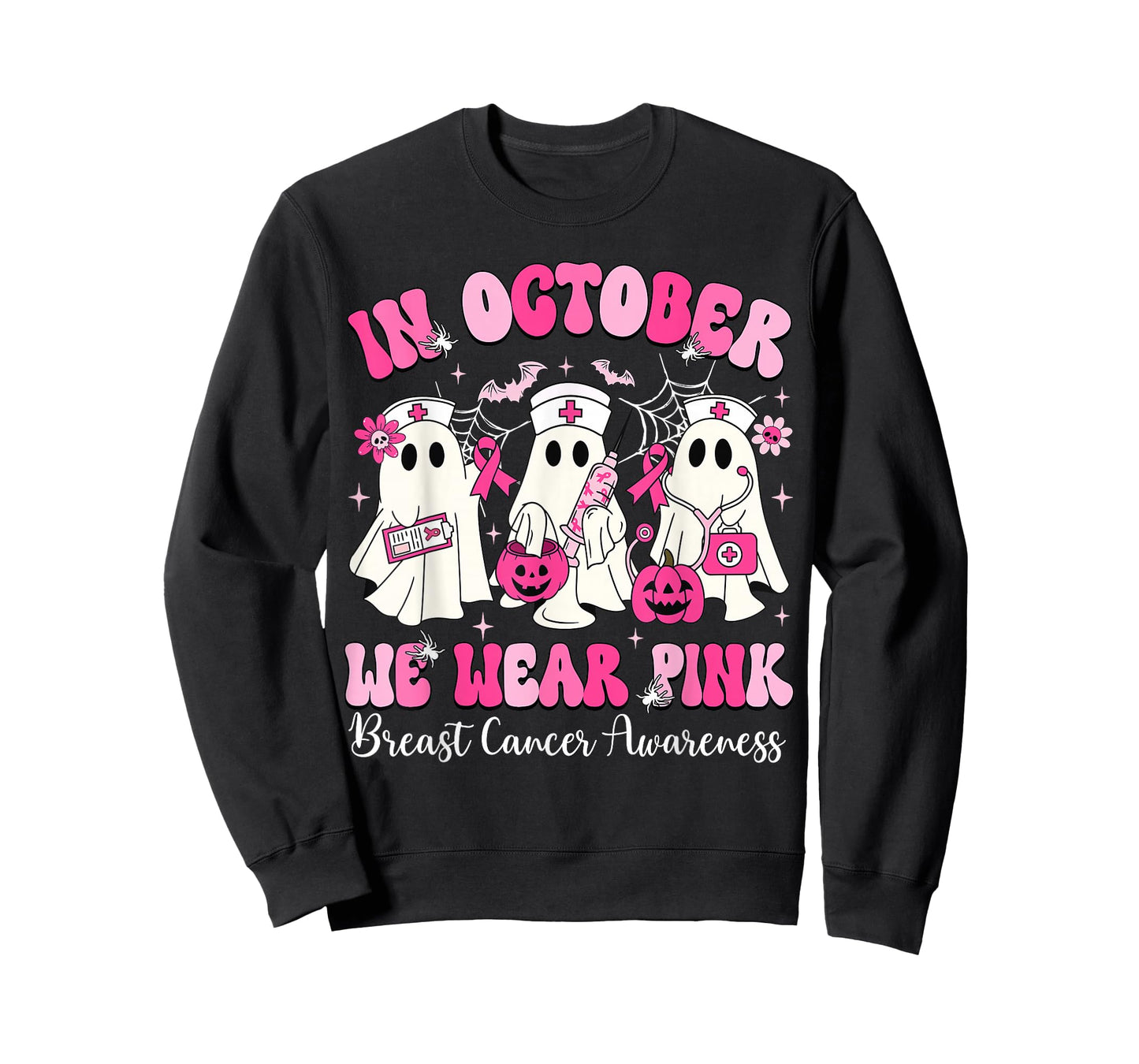 In October We Wear Pink Nurse Ghost Halloween Breast Cancer T-Shirt