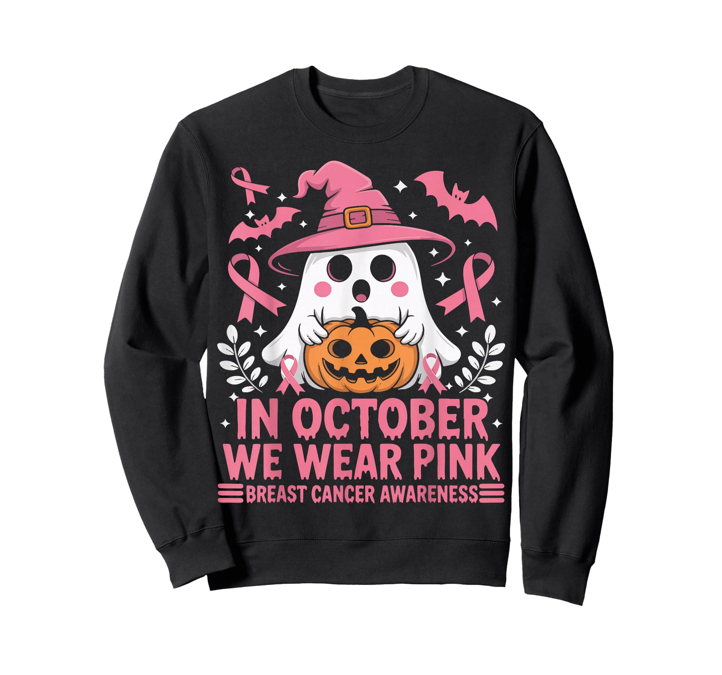 in October We Wear Pink Cute Ghost Witch Hat Pumpkin T-Shirt