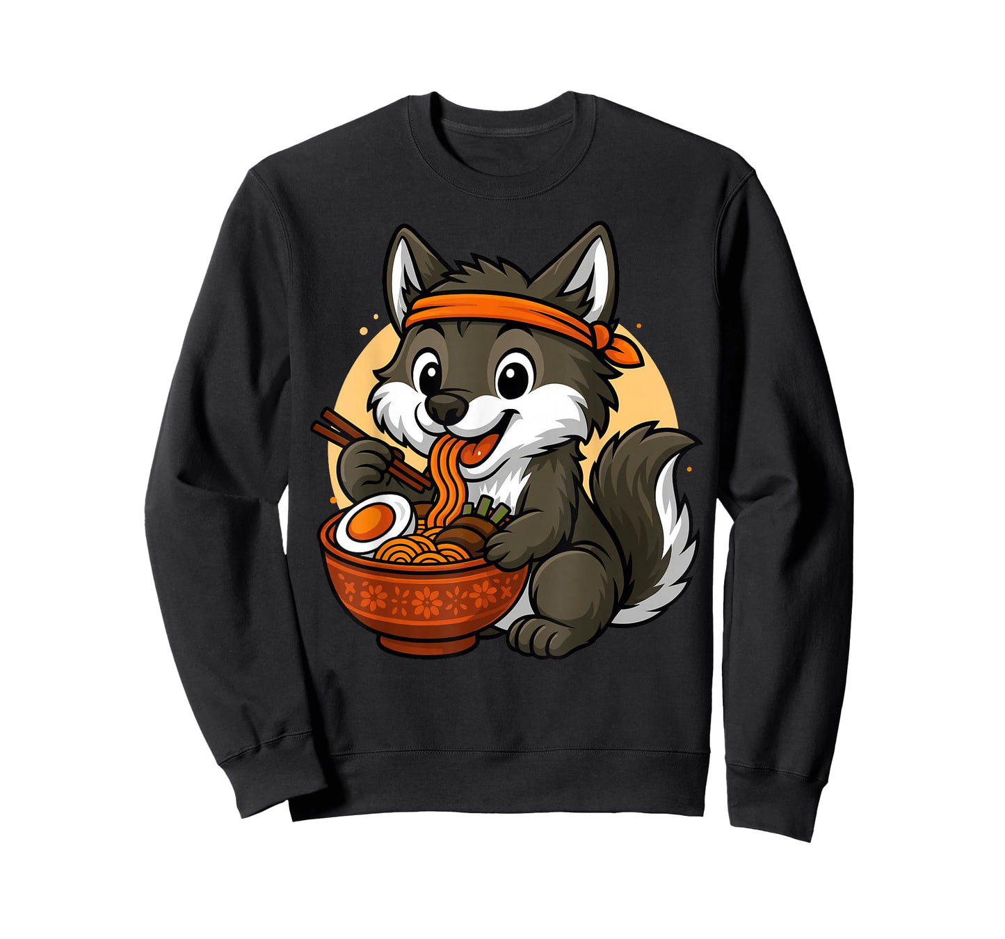 Kawaii Wolf Eating Ramen Graphic Japanese Wolf Graphic T-Shirt