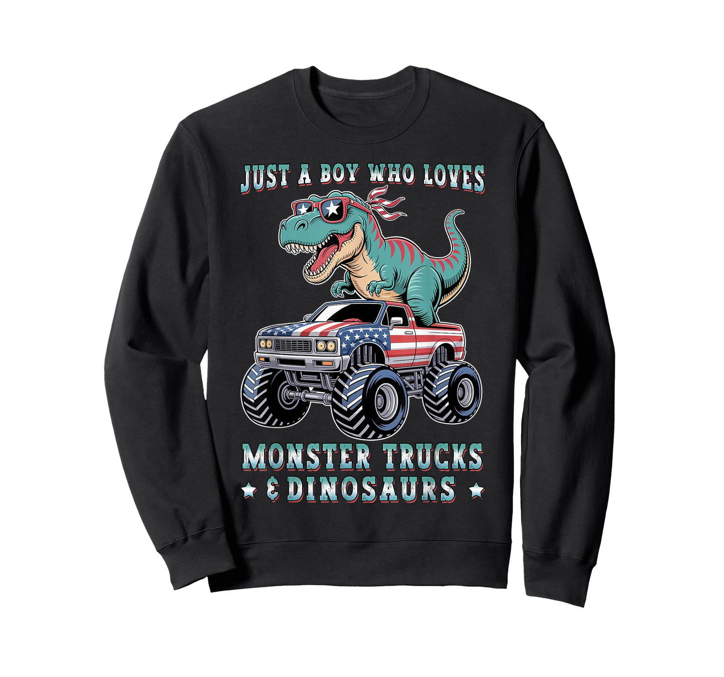 Just A Boy Who Loves Monster Trucks Dinosaurs Trex USA Flag T-Shirt