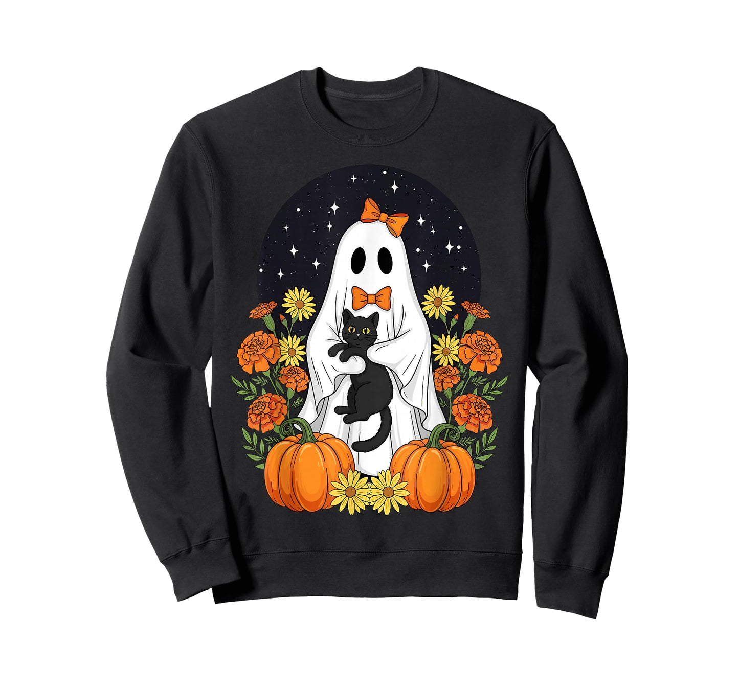 Vintage Halloween Ghost Holding Black Cat Groovy Floral T-Shirt