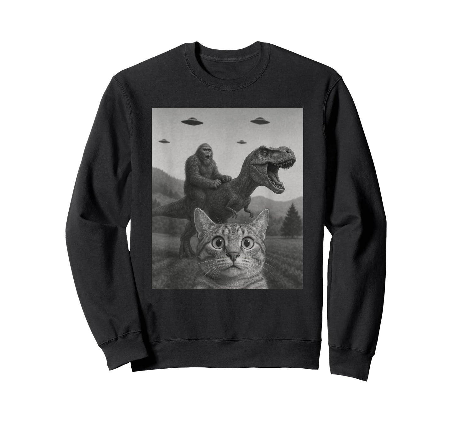 Cat Selfie with Bigfoot Riding T-rex Dinosaur Alien UFO T-Shirt