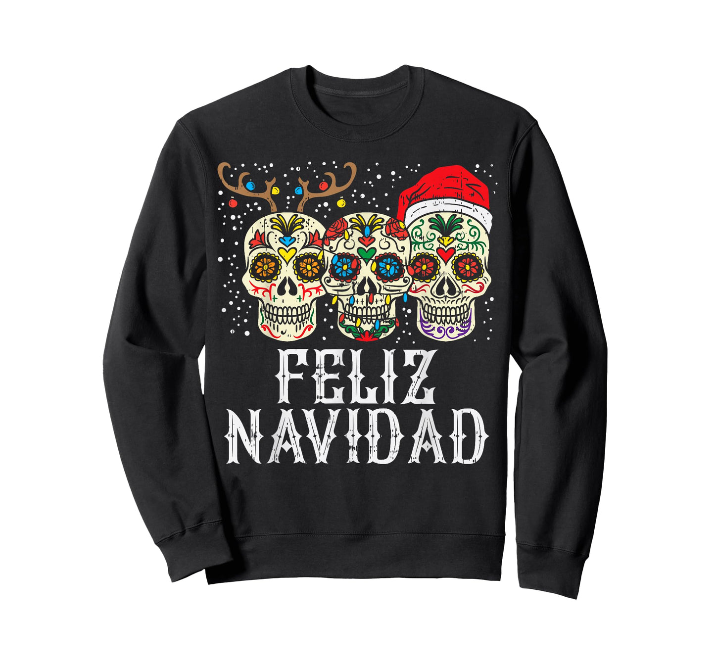 Feliz Navidad Sugar Skulls Reindeer Santa Mexican Christmas T-Shirt