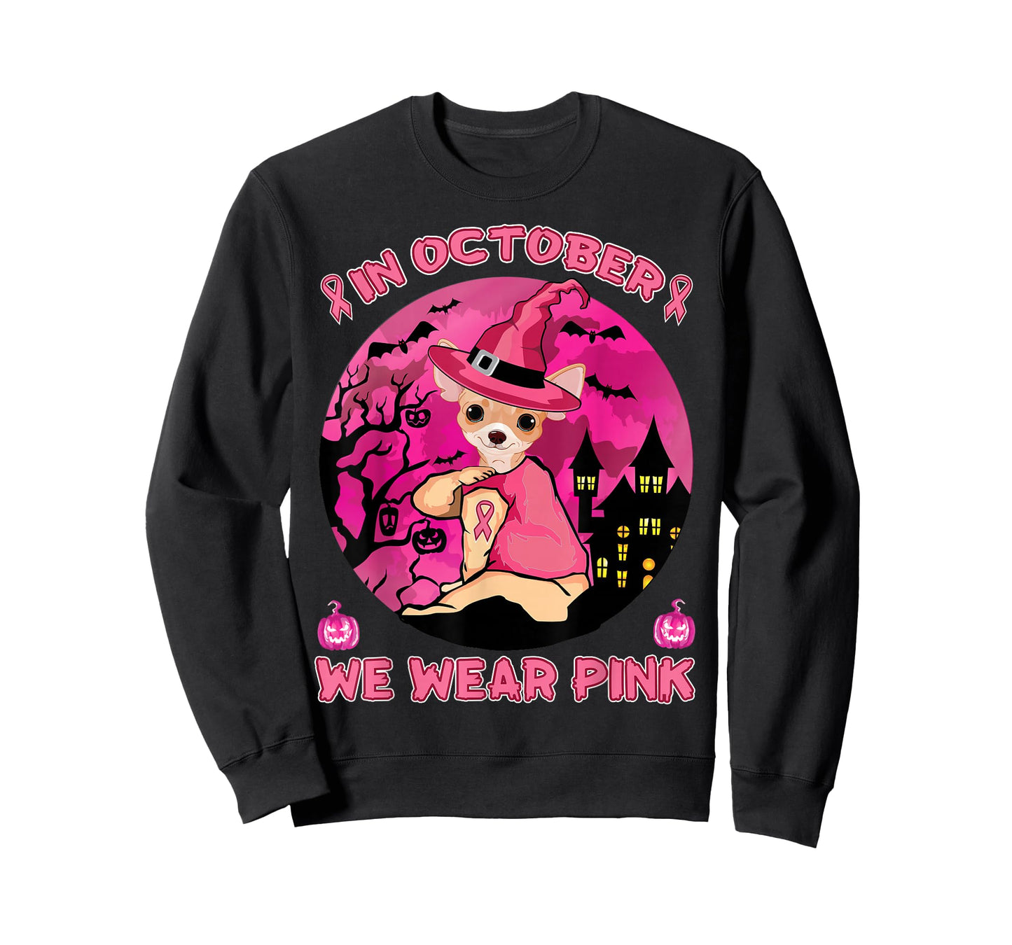 In October We Wear Pink Chihuahua Breast Cancer Halloween T-Shirt